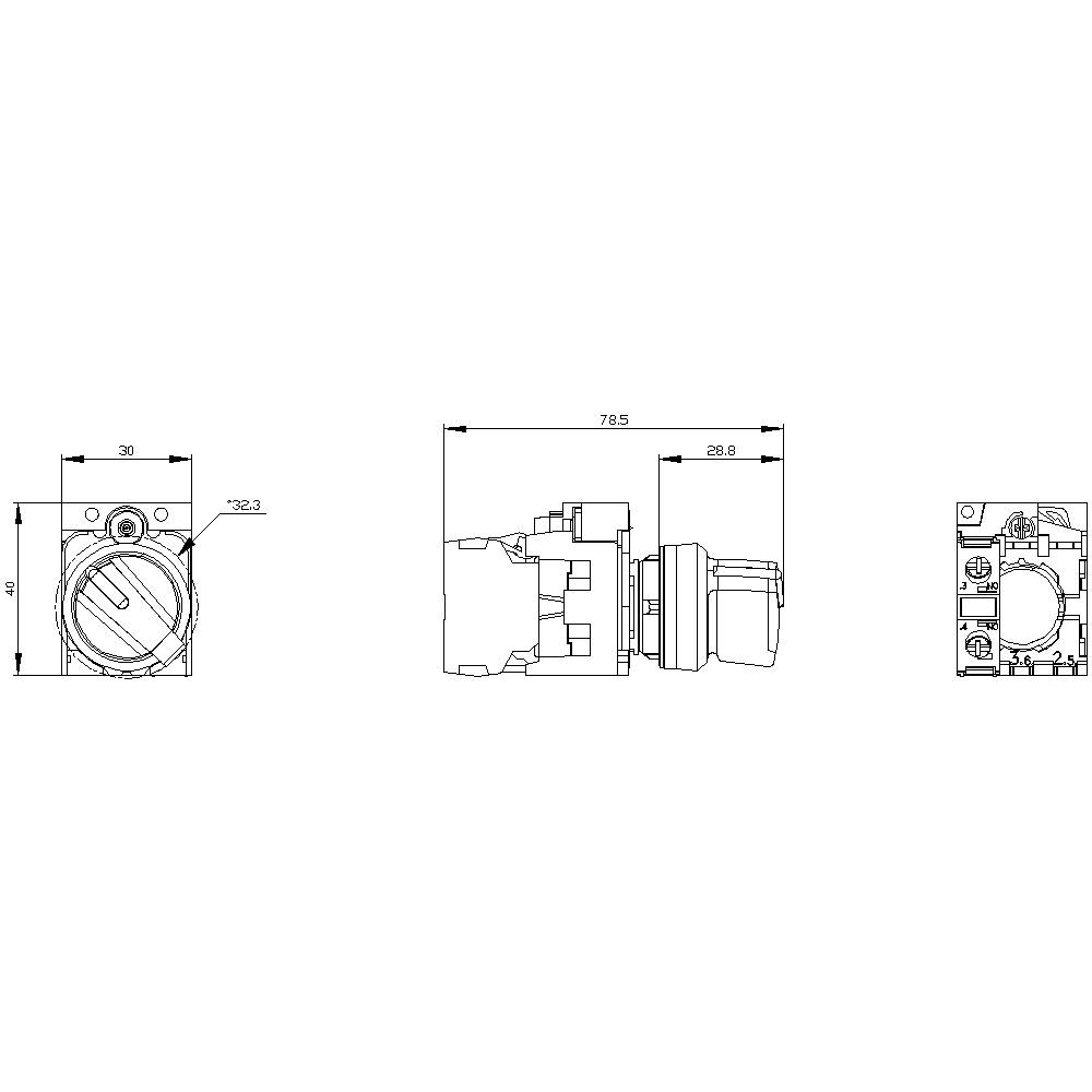 Dessin technique d'un interrupteur électrique avec vue de face et vue latérale. Les dimensions et les détails de la forme du boîtier sont indiqués.