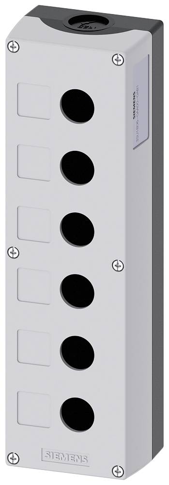 Un boîtier de commande rectangulaire de Siemens avec six découpes rondes pour boutons-poussoirs ou interrupteurs.