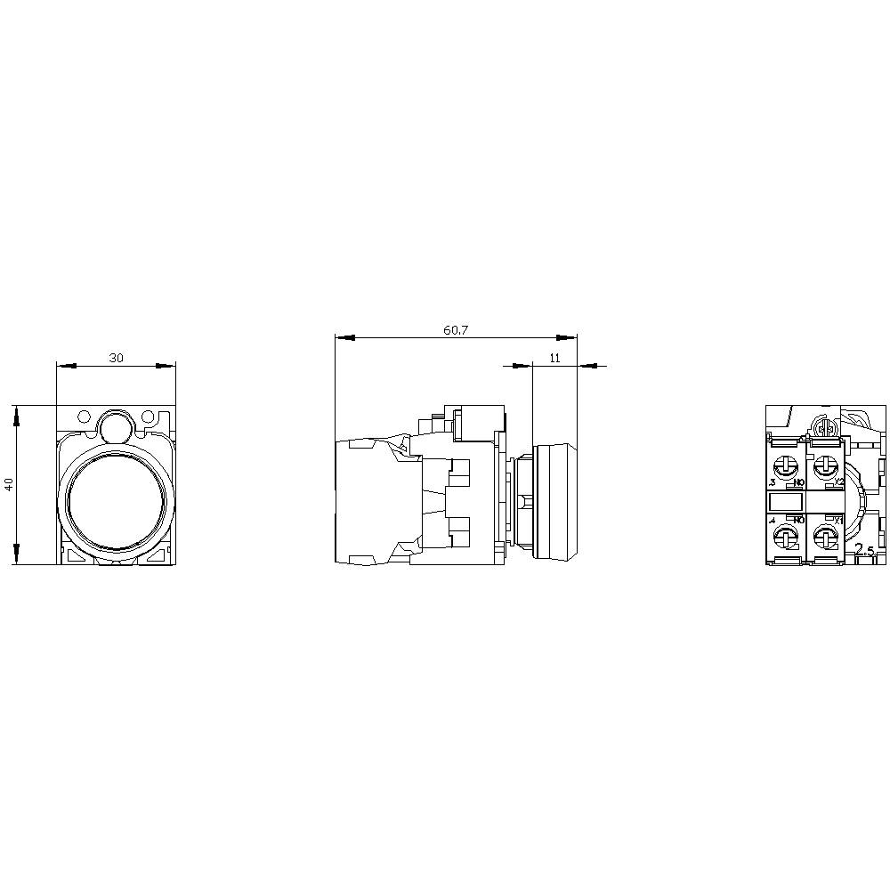 Esquisse d'un interrupteur électrique avec vue de face, coupe latérale et vue arrière. Les dimensions et détails techniques sont indiqués.