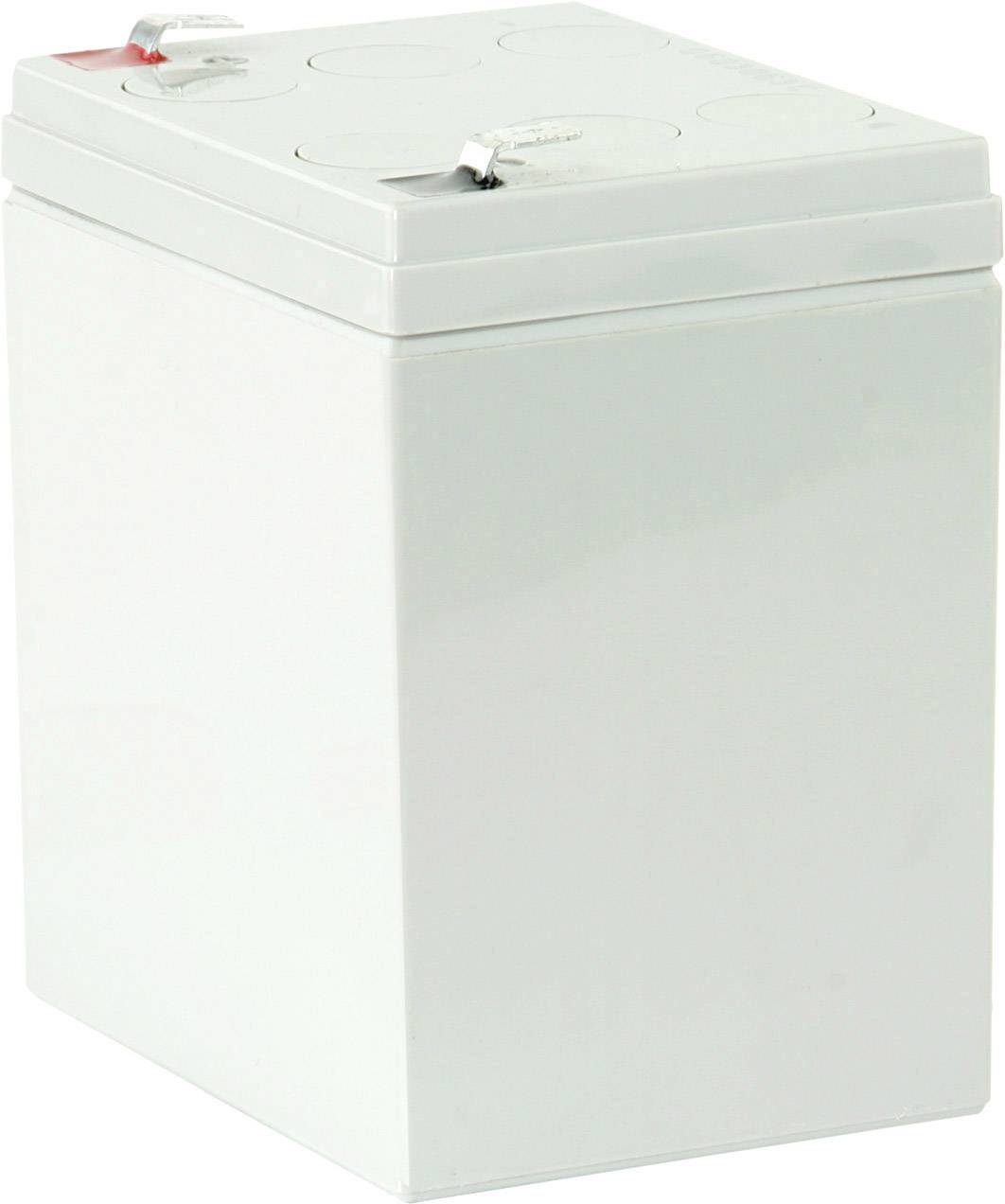Batterie blanche, rectangulaire, avec couvercle amovible et bornes rouges et noires en haut. Adaptée aux applications industrielles.