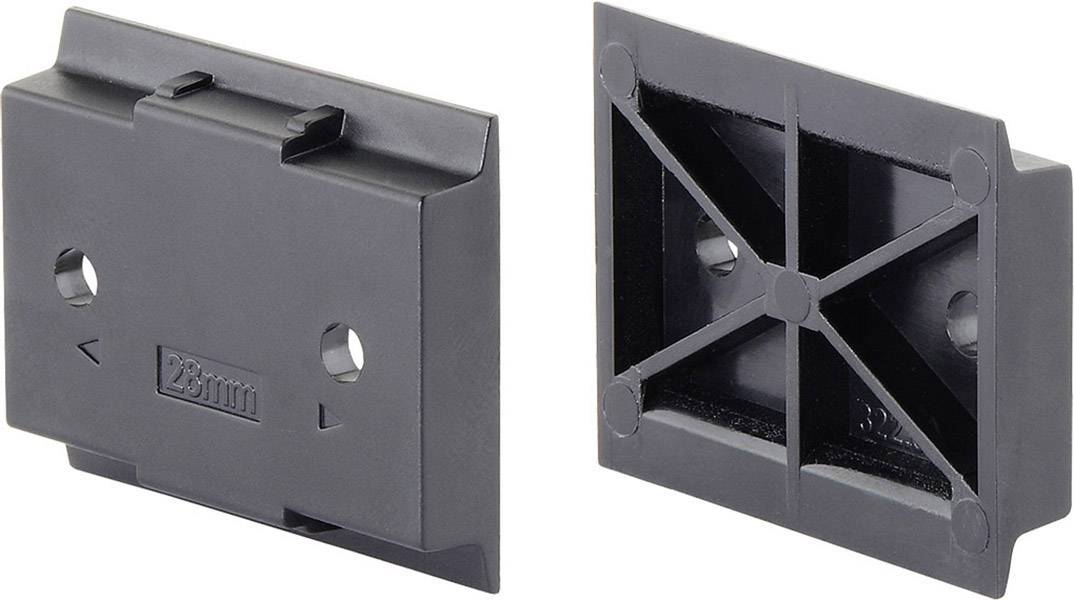 Deux éléments en plastique noir de forme rectangulaire, avec des trous et des supports visibles ; probablement des composants techniques ou des clips.