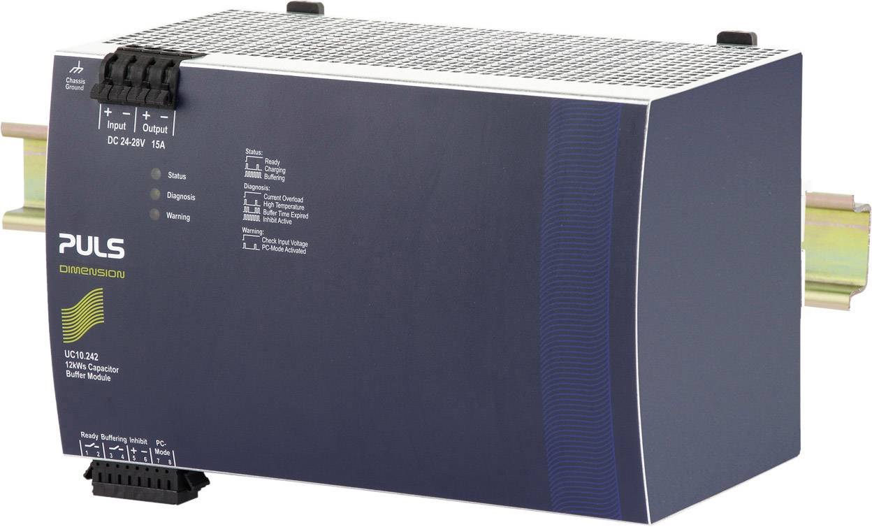 Un dispositif de pulsation bleu foncé pour le contrôle de tension ou de courant, équipé de lampes de diagnostic et d'indicateurs de tension d'entrée et de sortie. Monté sur un rail DIN.