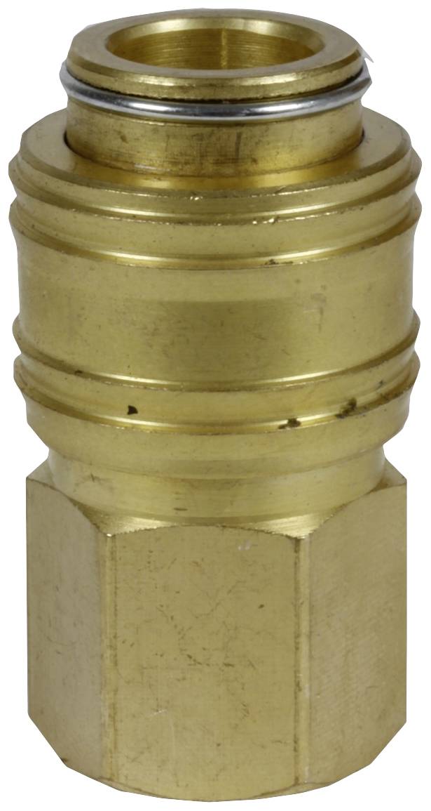 Un raccord de connexion rapide en laiton, de forme cylindrique avec deux bagues et un filetage intérieur.