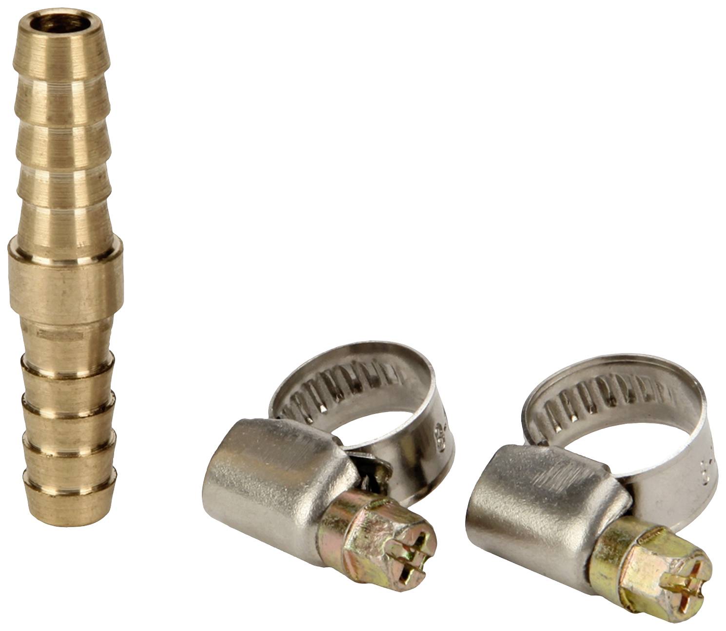 Raccord de tuyau métallique avec deux colliers de serrage. À gauche le raccord, à droite les colliers. Convient pour les systèmes de tuyauterie.