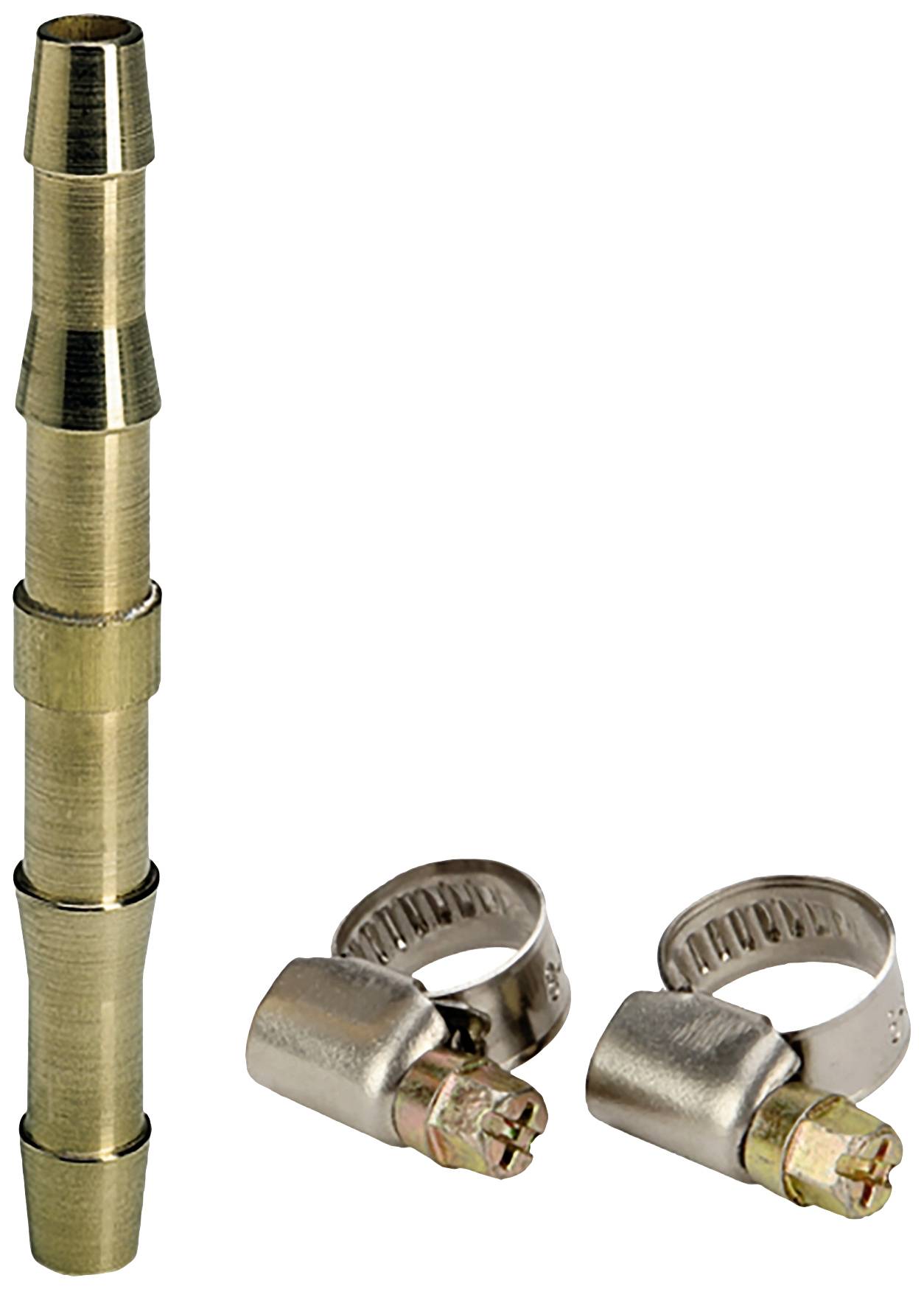 Connecteur métallique à quatre segments cannelés et deux colliers de serrage métalliques pour la fixation de tuyaux.