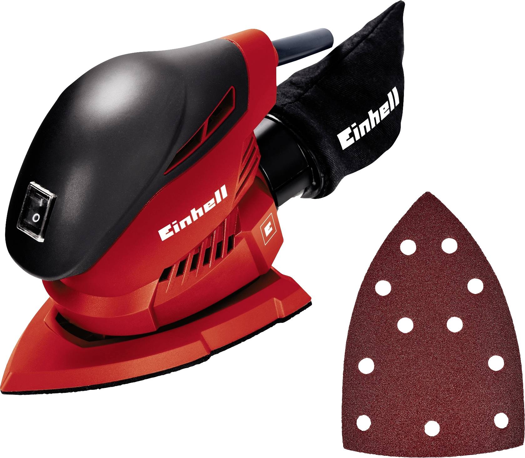 Ponceuse delta Einhell rouge avec poignée noire et sac à poussière à côté d'une feuille abrasive triangulaire amovible avec des trous.