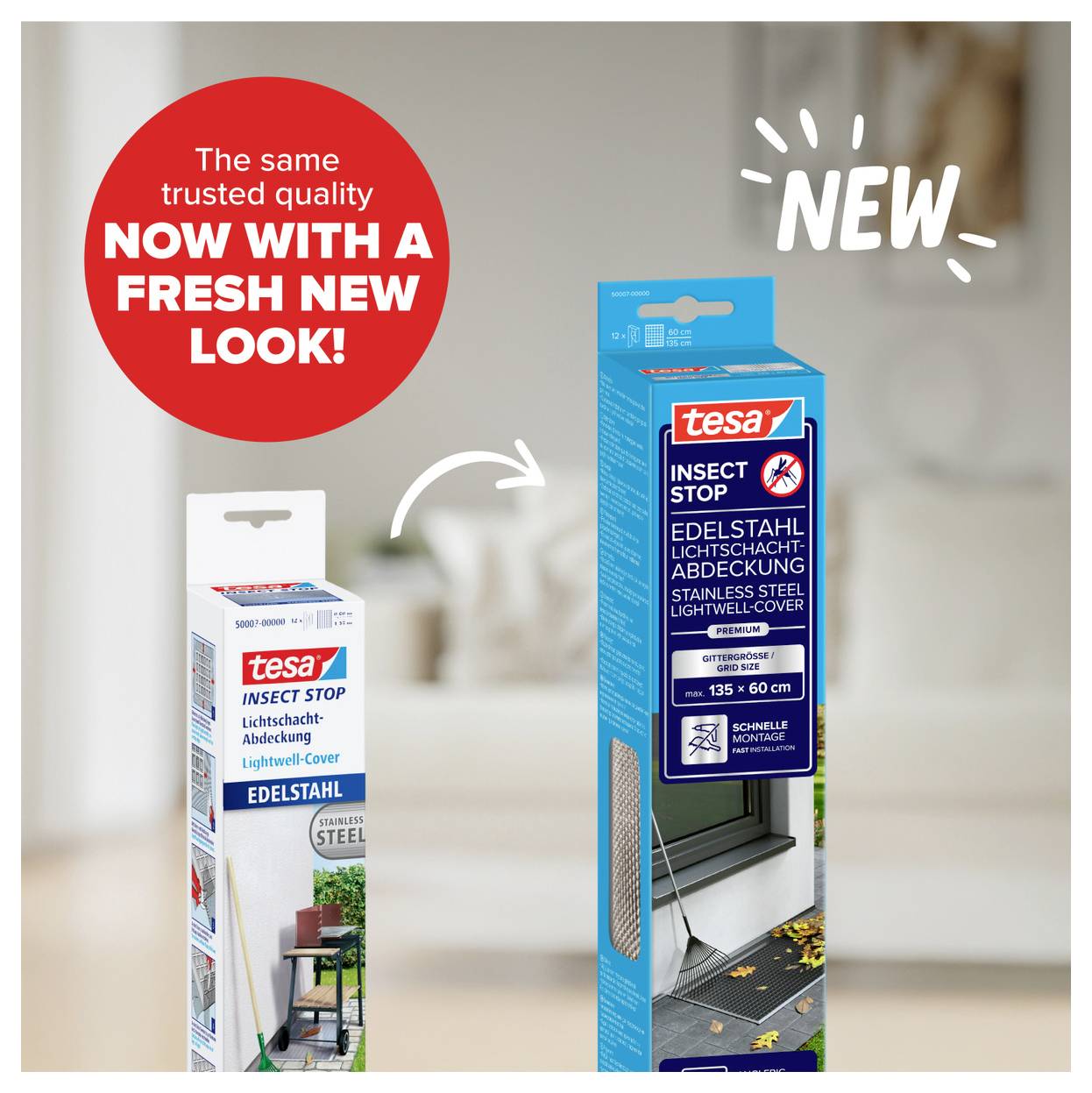 La publicité montre deux emballages de protection contre les insectes tesa en comparaison : à gauche l'ancien design, à droite le nouveau design avec l'indication « NEW » et « now with a fresh new look ».