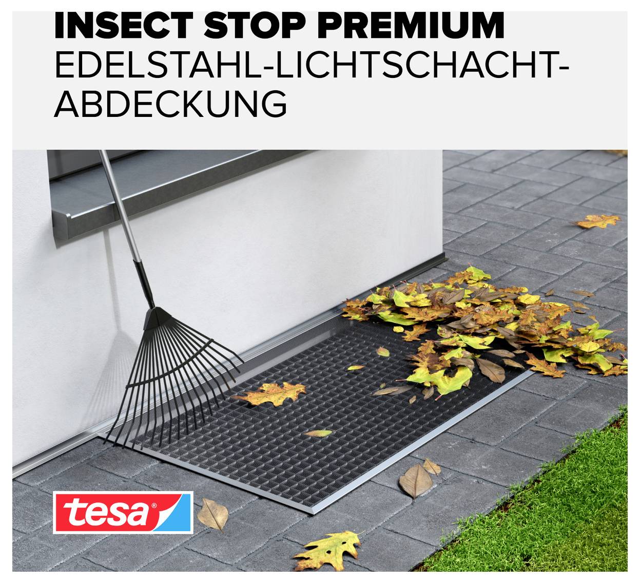 Couverture de puits de lumière en acier inoxydable 'INSECT STOP PREMIUM' de tesa, protège le puits de lumière contre les feuilles et la saleté.