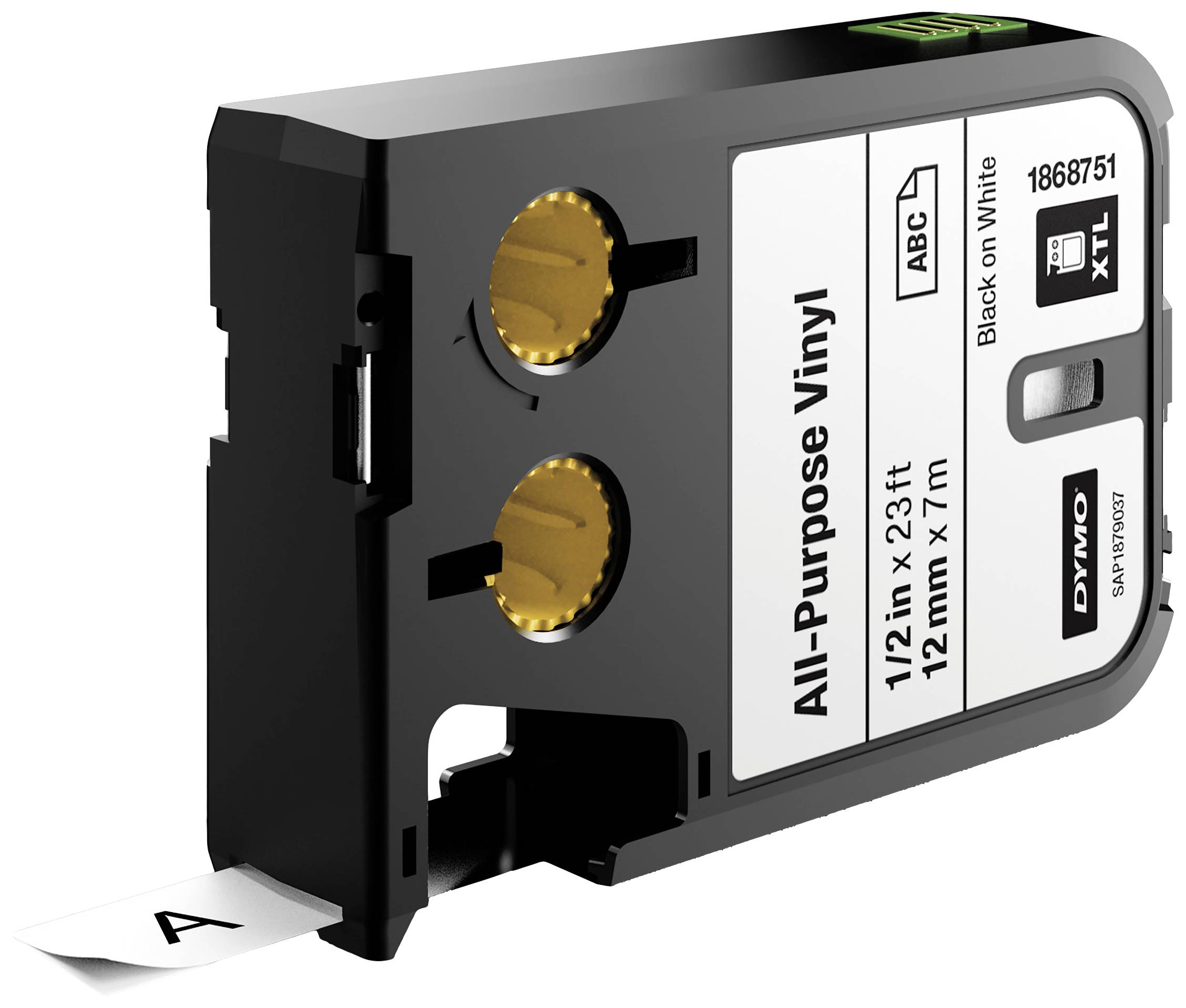 Cassette d'étiquettes noire avec inscription blanche 'All-Purpose Vinyl', convenant aux étiqueteuses. Taille : 12 mm x 7 m.