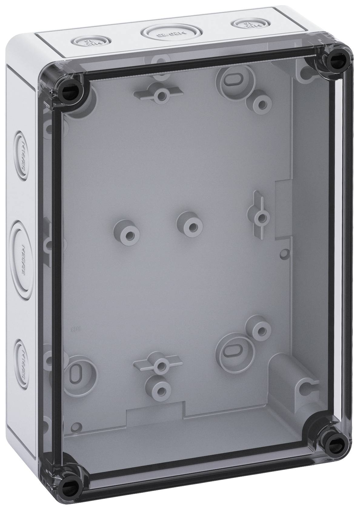 Boîte de coffrage en plastique gris-transparent, sans composants, avec des ouvertures rondes sur les côtés, pour installations électriques.