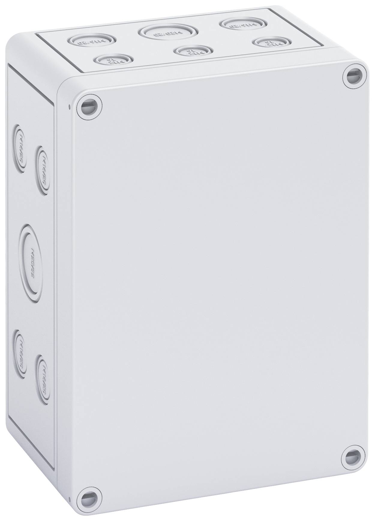 Un boîtier de distribution rectangulaire gris avec des coins arrondis et plusieurs ouvertures circulaires sur les côtés.