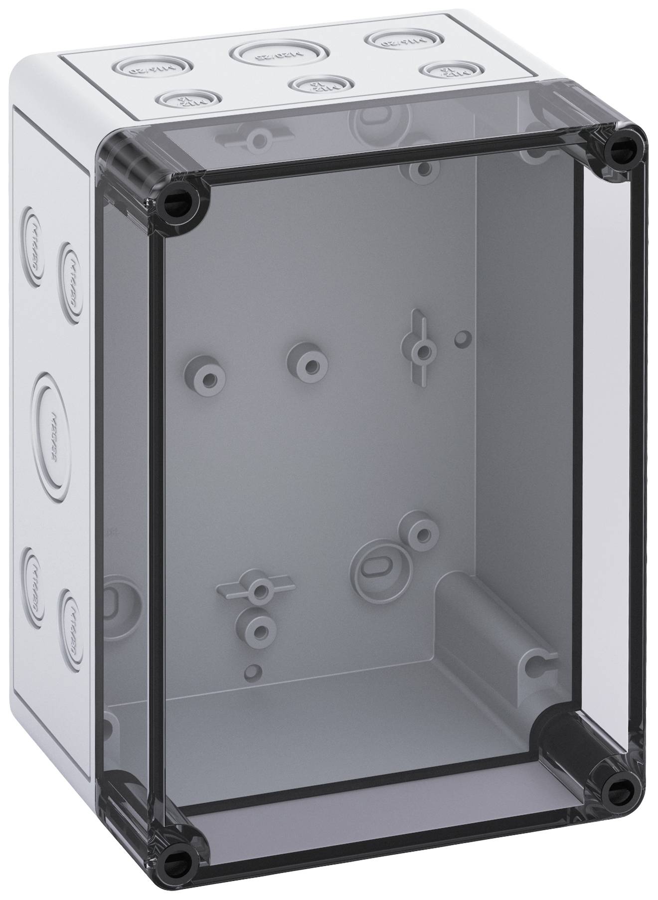 Boîtier de raccordement électrique rectangulaire transparent avec plusieurs ouvertures de câbles sur les côtés et un couvercle avant amovible.