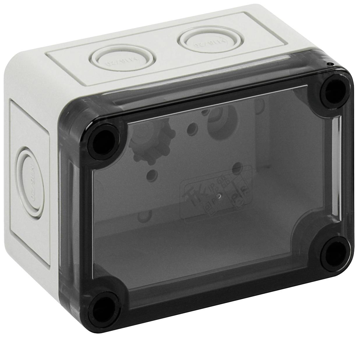Boîte en plastique blanc avec couvercle transparent et quatre trous de fixation aux coins ; adaptée aux applications électriques.