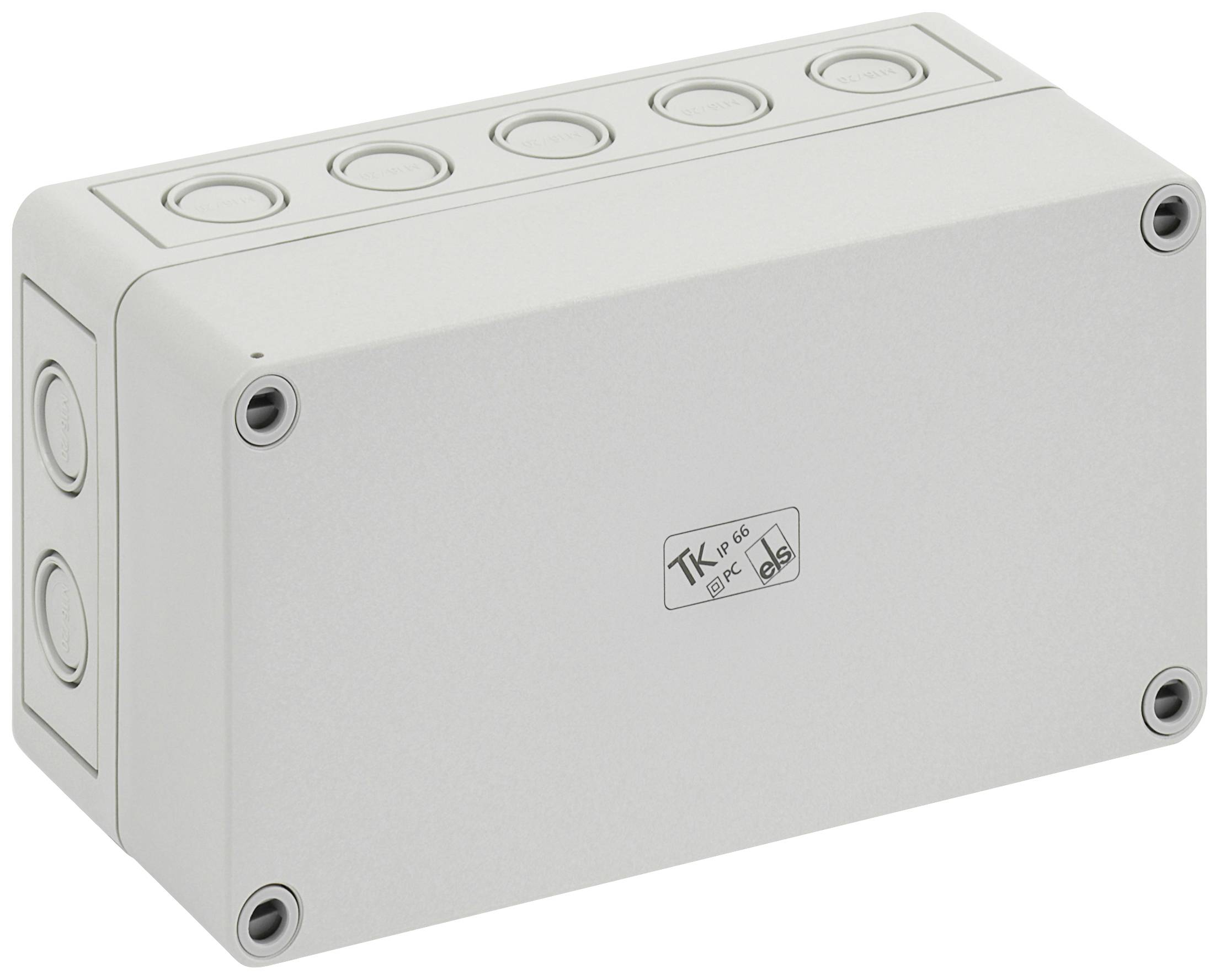 Boîte de connexion électrique gris-blanc avec couvercle amovible et plusieurs entrées de câbles sur le dessus et les côtés.