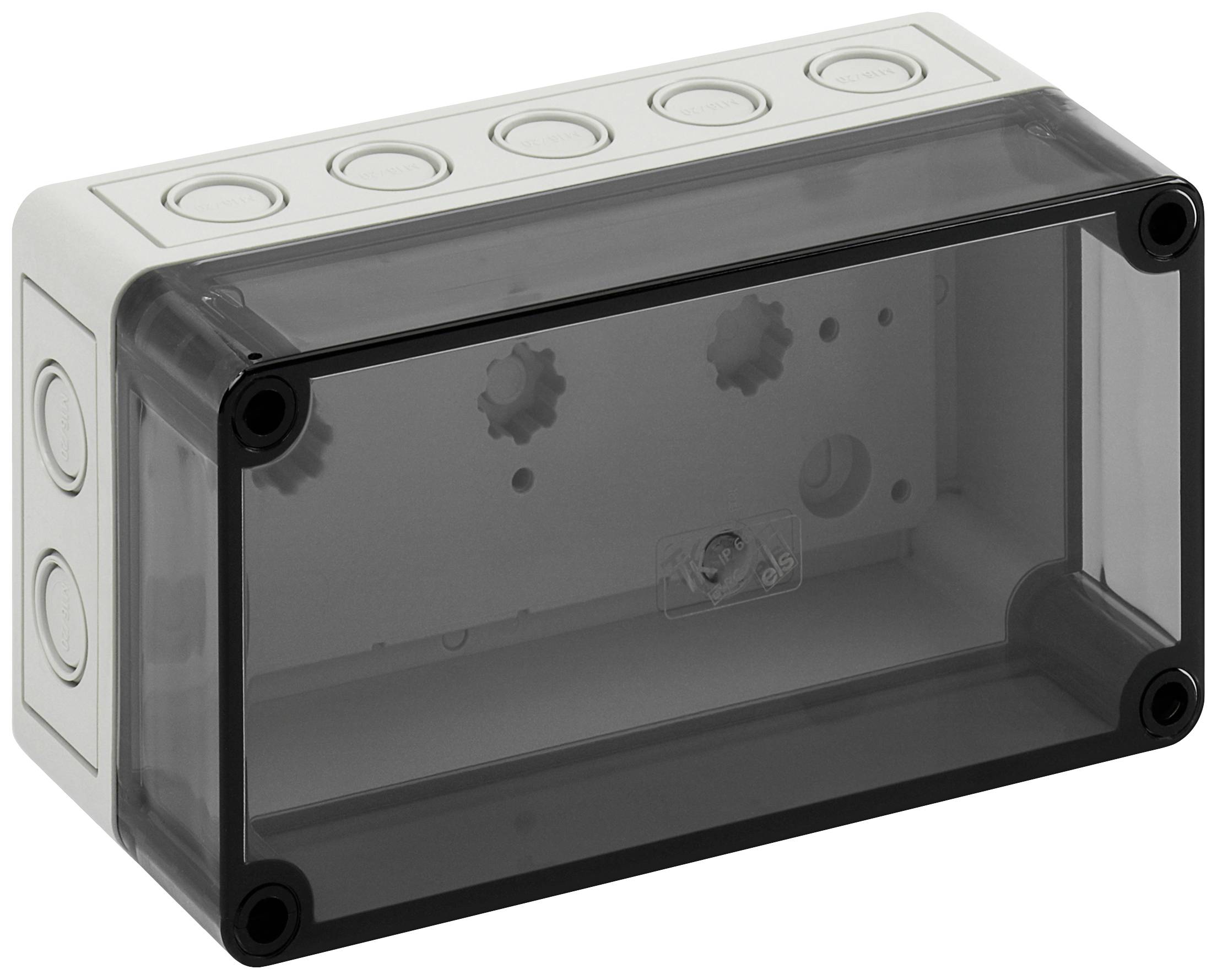 Boîtier rectangulaire gris avec un couvercle transparent et des boutons de fermeture latéraux, probablement destiné à protéger et à ranger du matériel électronique.