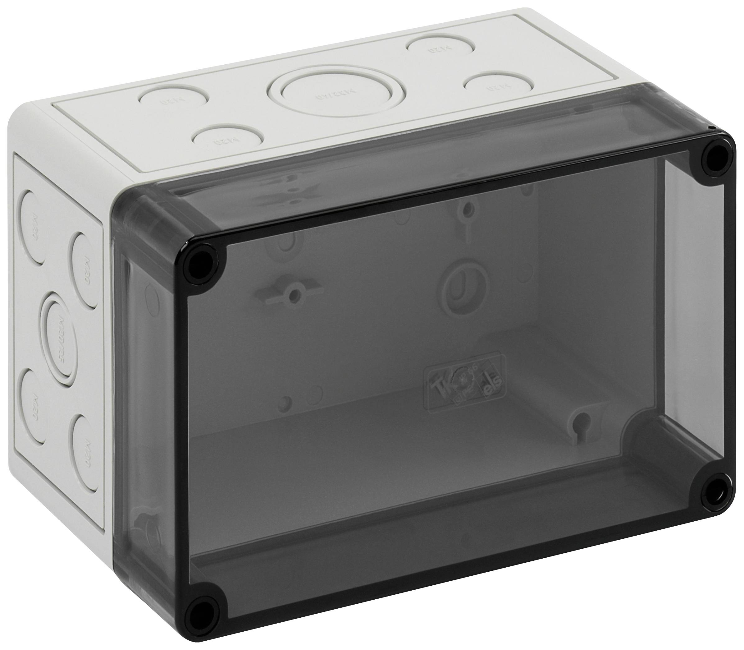 Boîtier rectangulaire en plastique avec façade transparente, adapté au montage mural et à la protection de composants électriques.