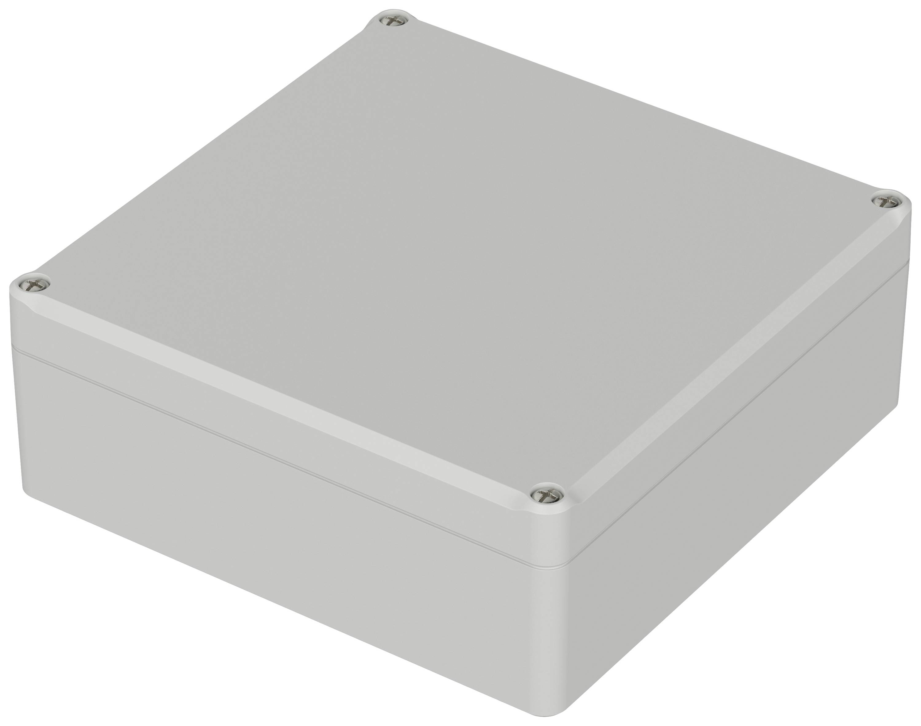 Boîte en plastique grise rectangulaire avec des vis aux coins.