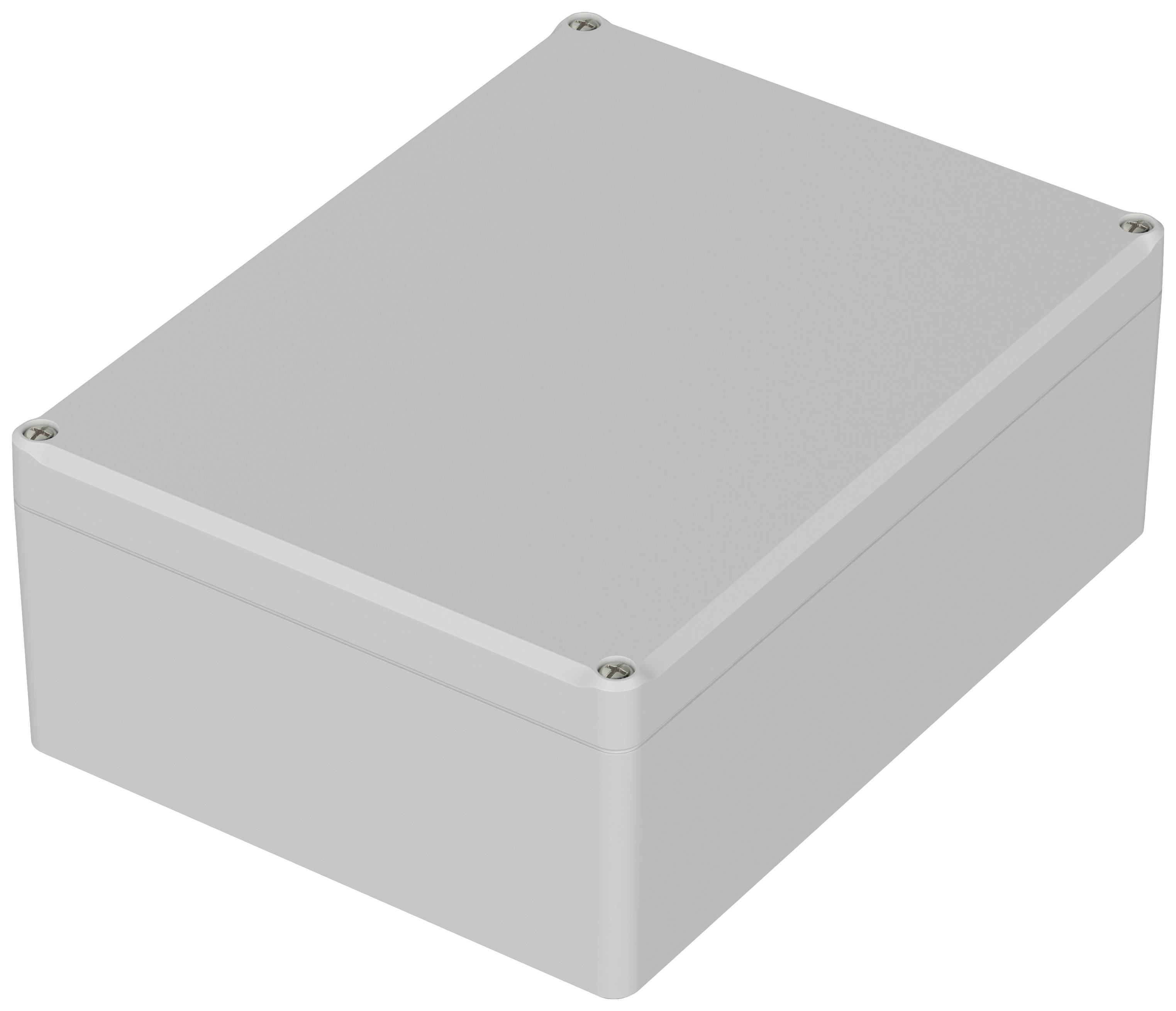 Un boîtier rectangulaire gris avec des vis dans les coins, probablement destiné à des composants électroniques ou à des dispositifs de protection.