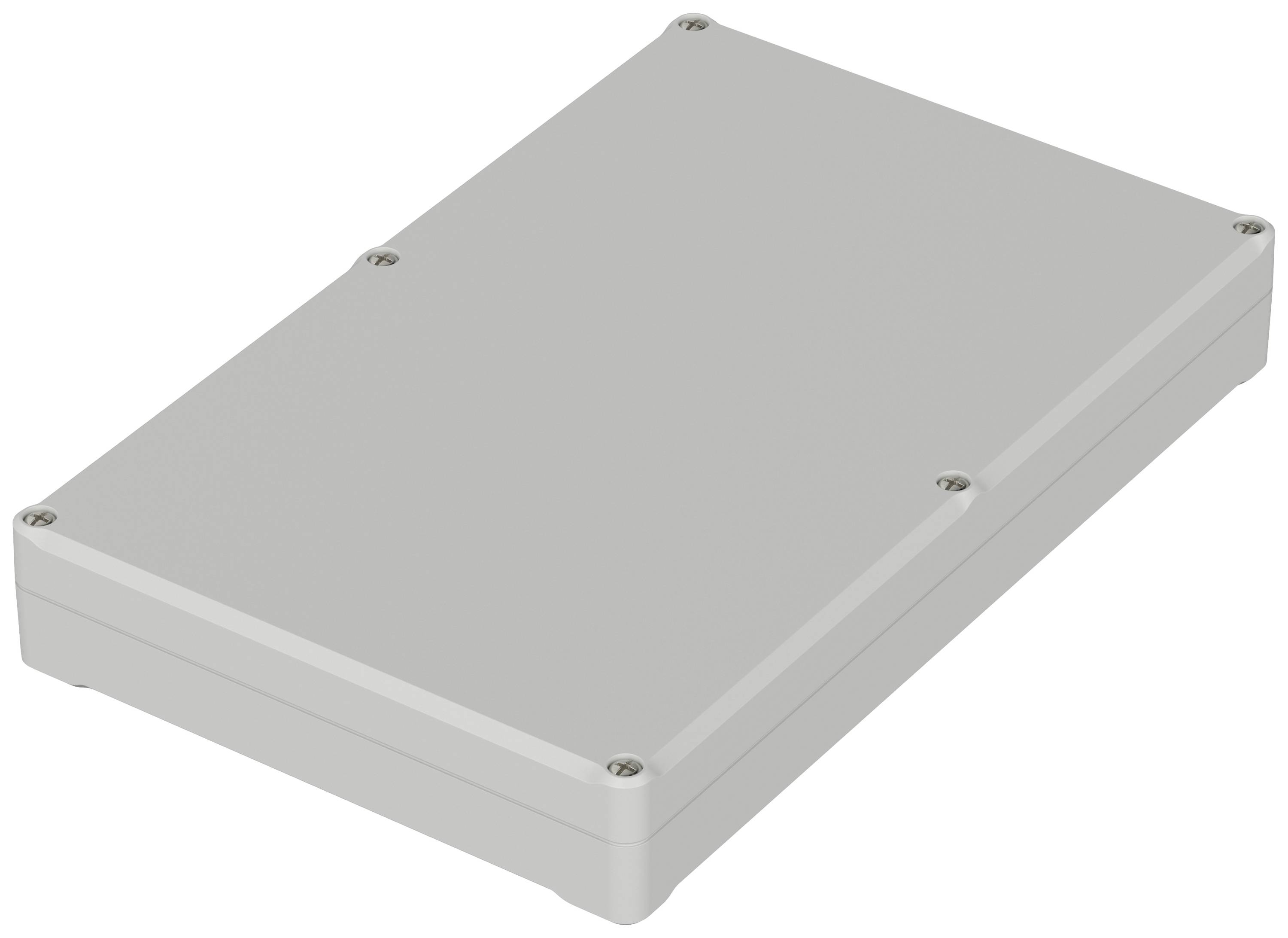 Boîtier rectangulaire en plastique gris teinté, avec des vis aux angles.
