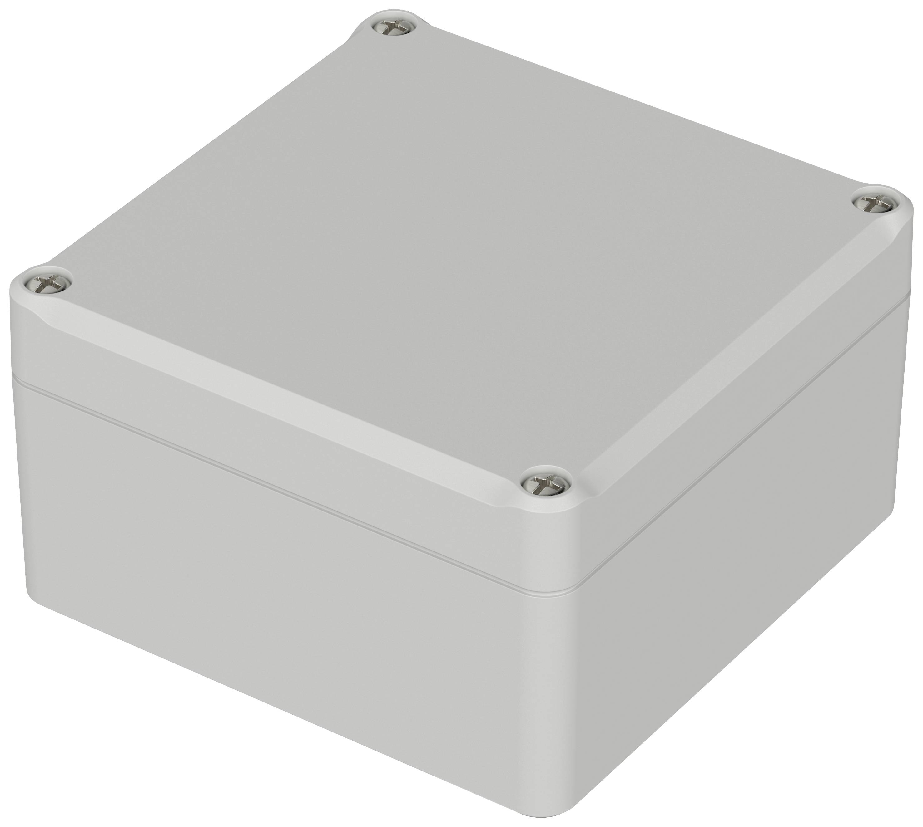 Boîtier en plastique gris rectangulaire avec des vis aux angles, paraissant robuste et résistant aux intempéries, adapté aux installations électriques.