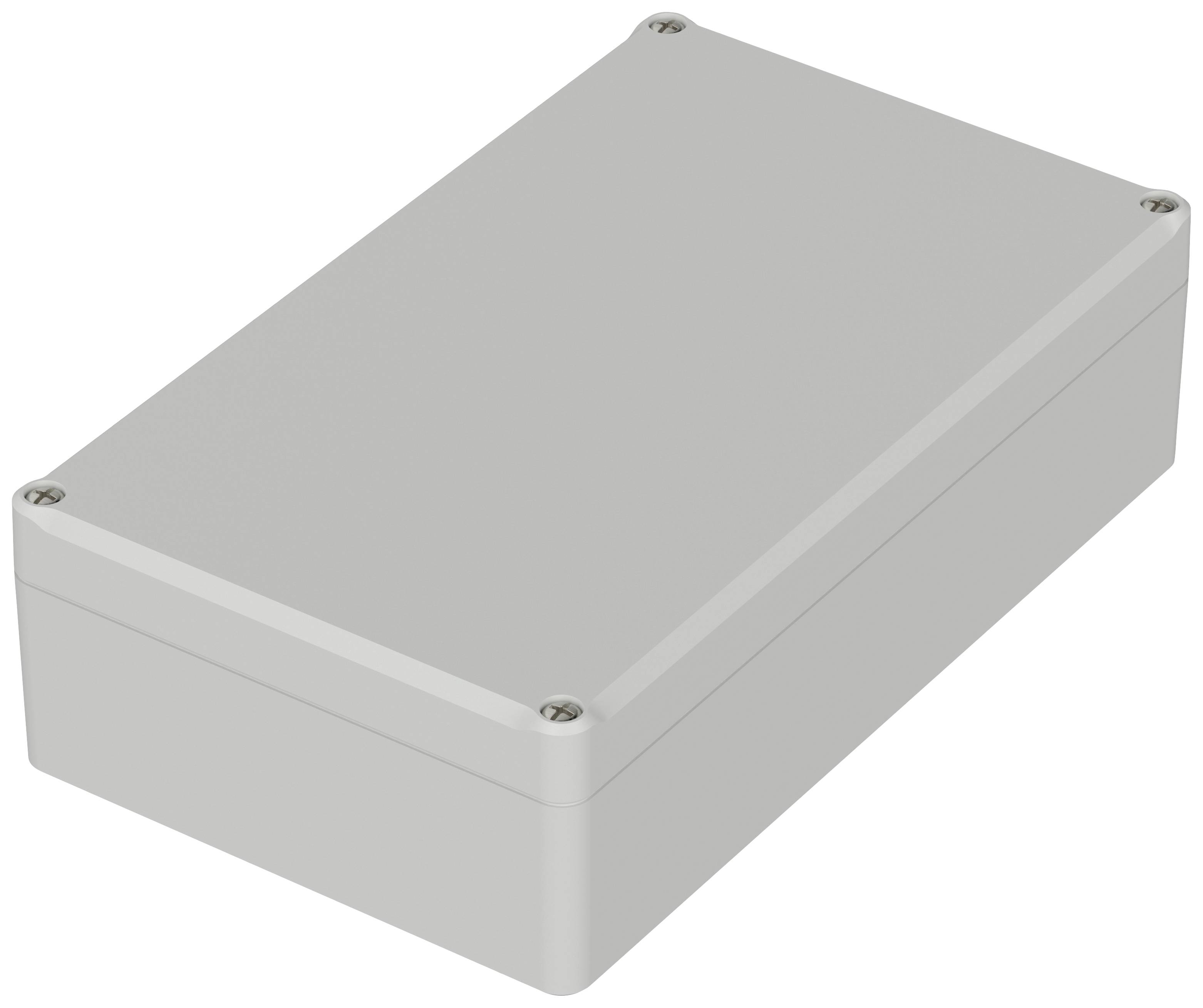 Boîtier rectangulaire gris aux coins arrondis, doté de quatre vis visibles à chaque angle. Adapté pour les composants électroniques.