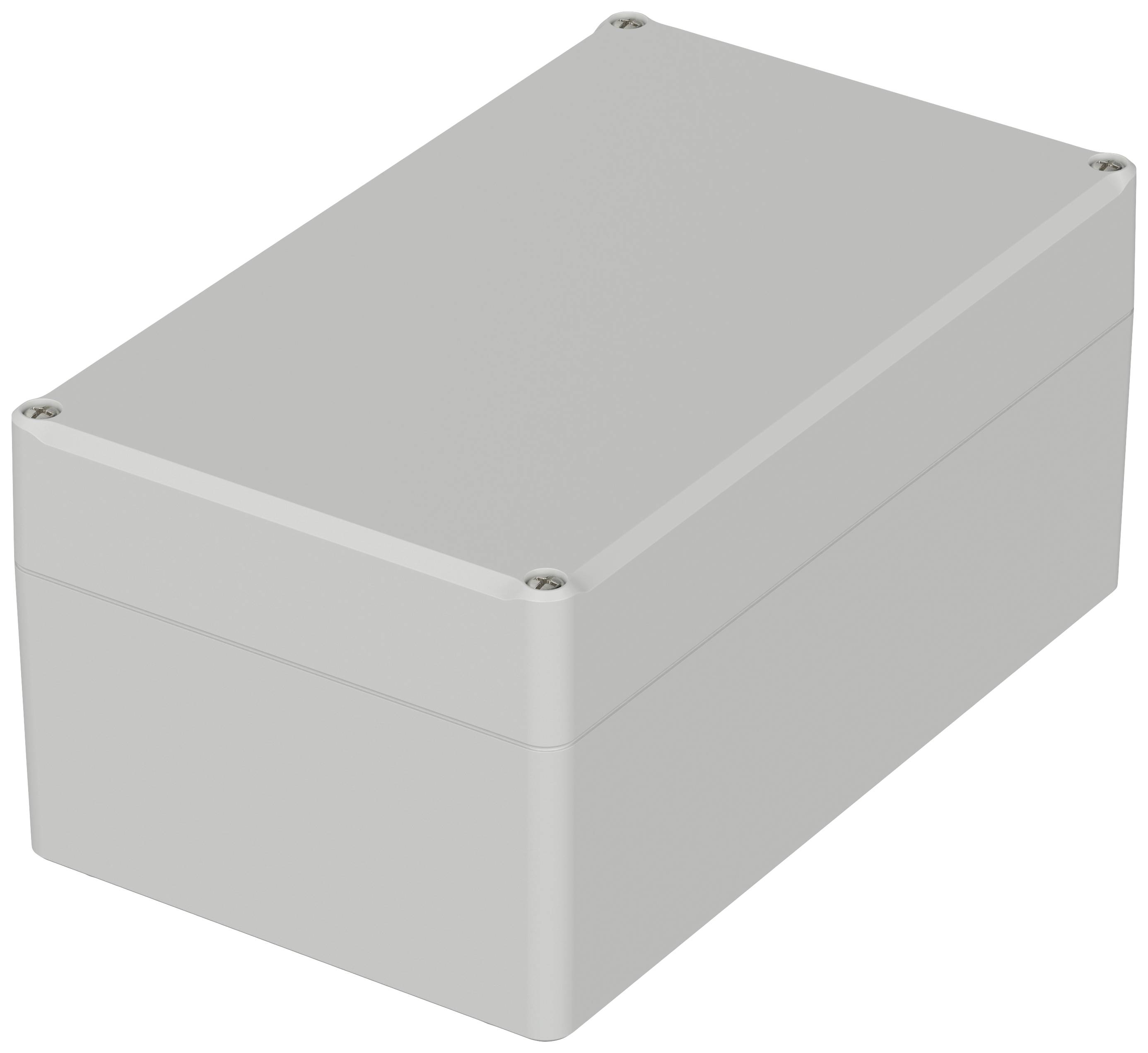 Boîtier rectangulaire gris avec des coins arrondis et des vis aux angles, probablement un boîtier électronique.
