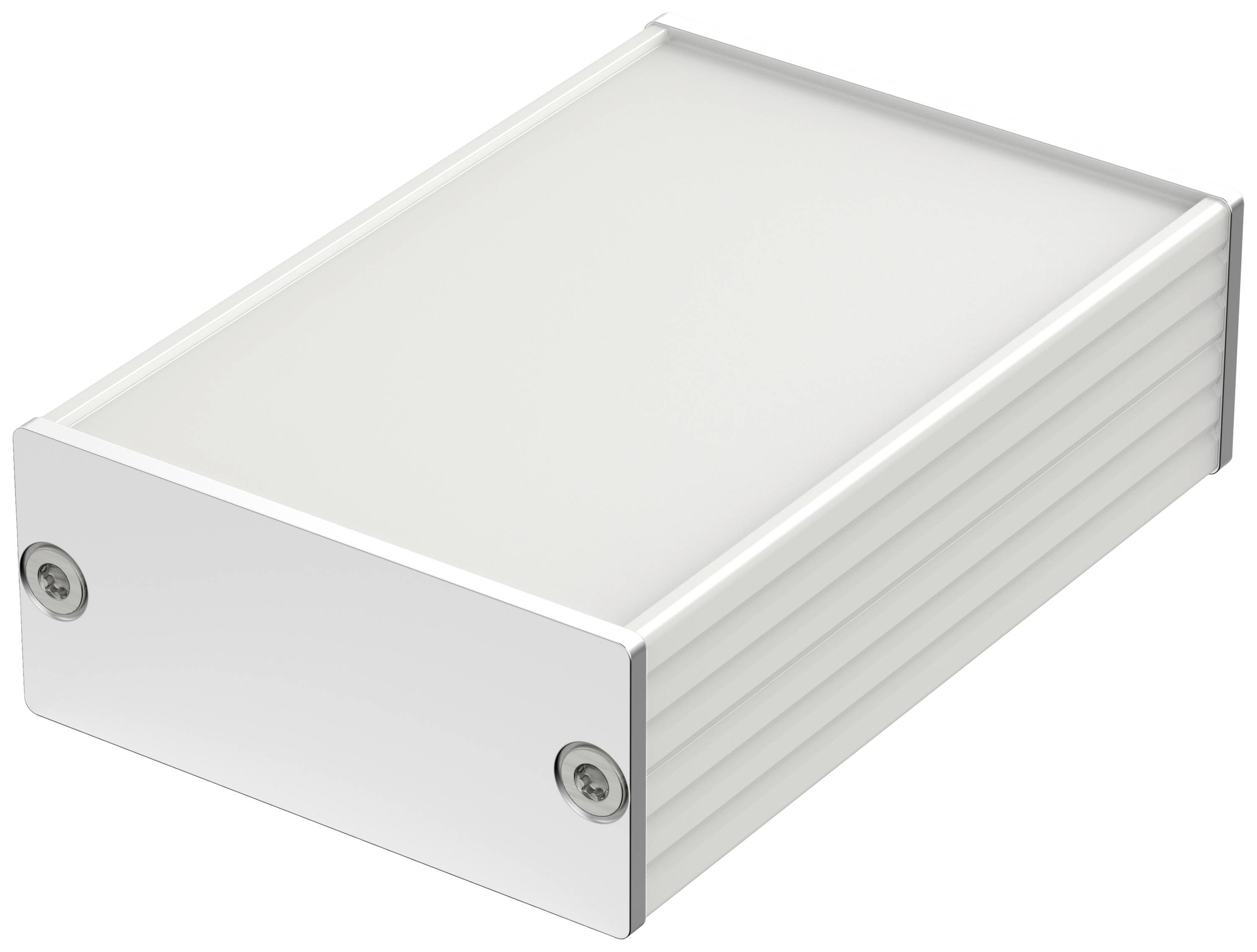 Boîtier métallique de forme rectangulaire, adapté aux appareils électroniques. Il présente une surface blanche texturée avec des vis sur les côtés.