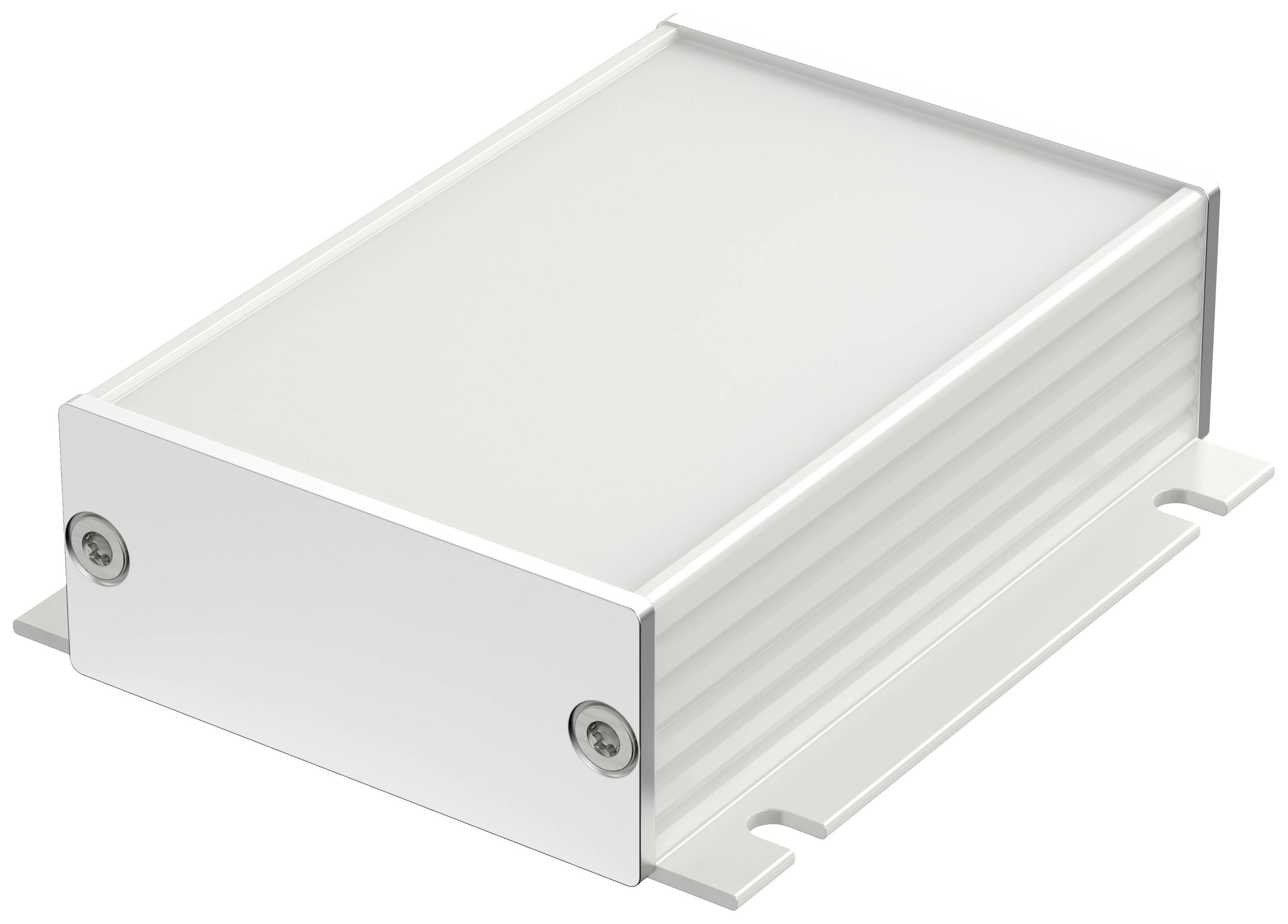 Boîtier métallique à structure nervurée et pattes de fixation, adapté aux appareils électroniques, présentant un design robuste et fonctionnel.