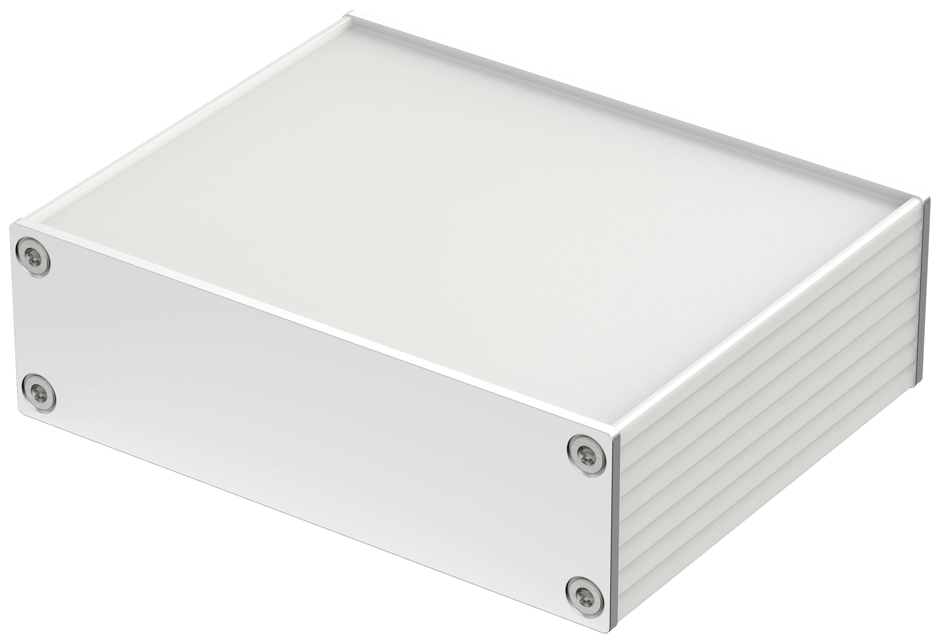 Un boîtier rectangulaire blanc aux coins arrondis et aux bords vissés, probablement destiné à des appareils techniques.