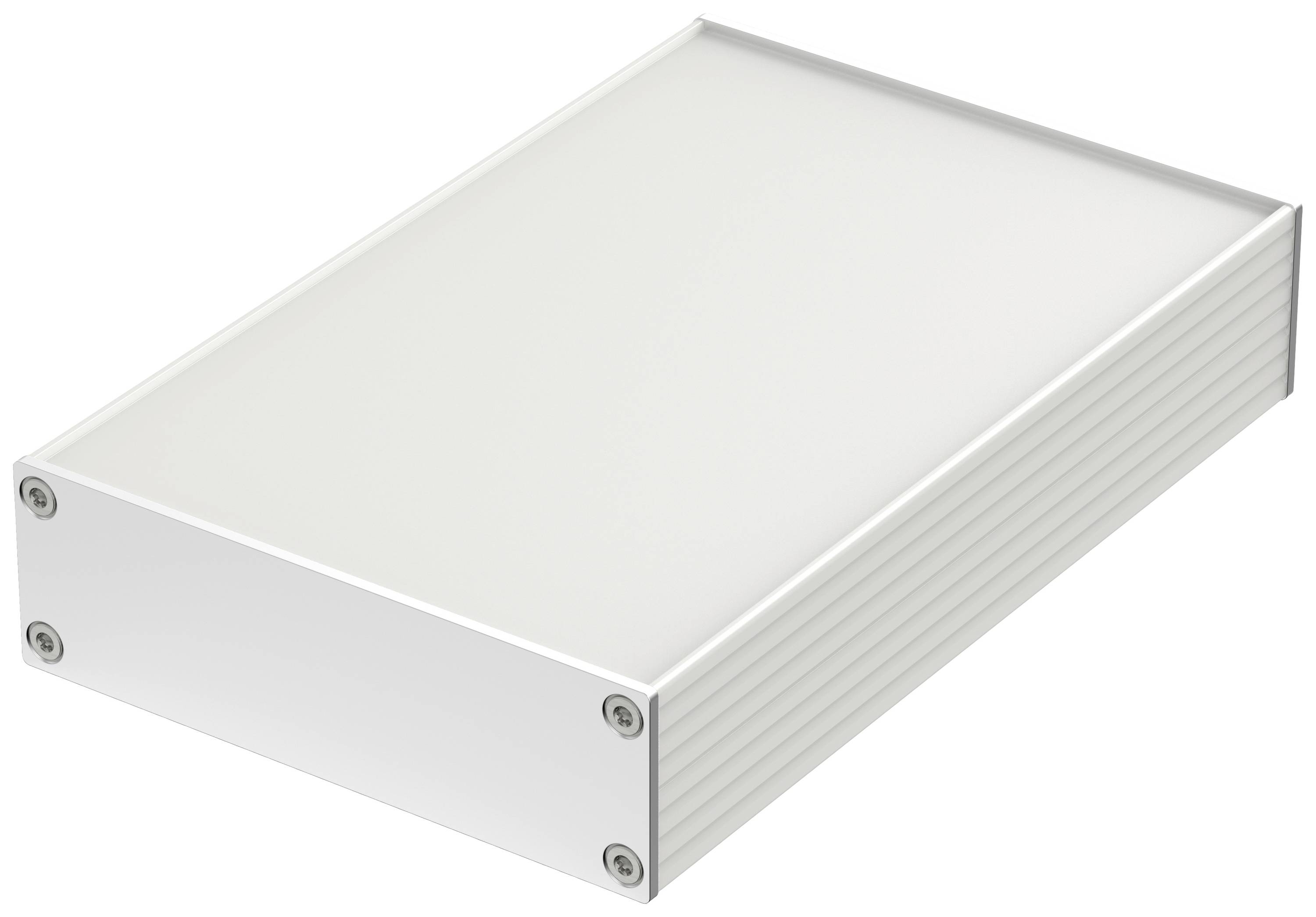 Un boîtier rectangulaire en métal avec des côtés striés, adapté aux appareils électroniques. Des vis sont visibles aux angles.