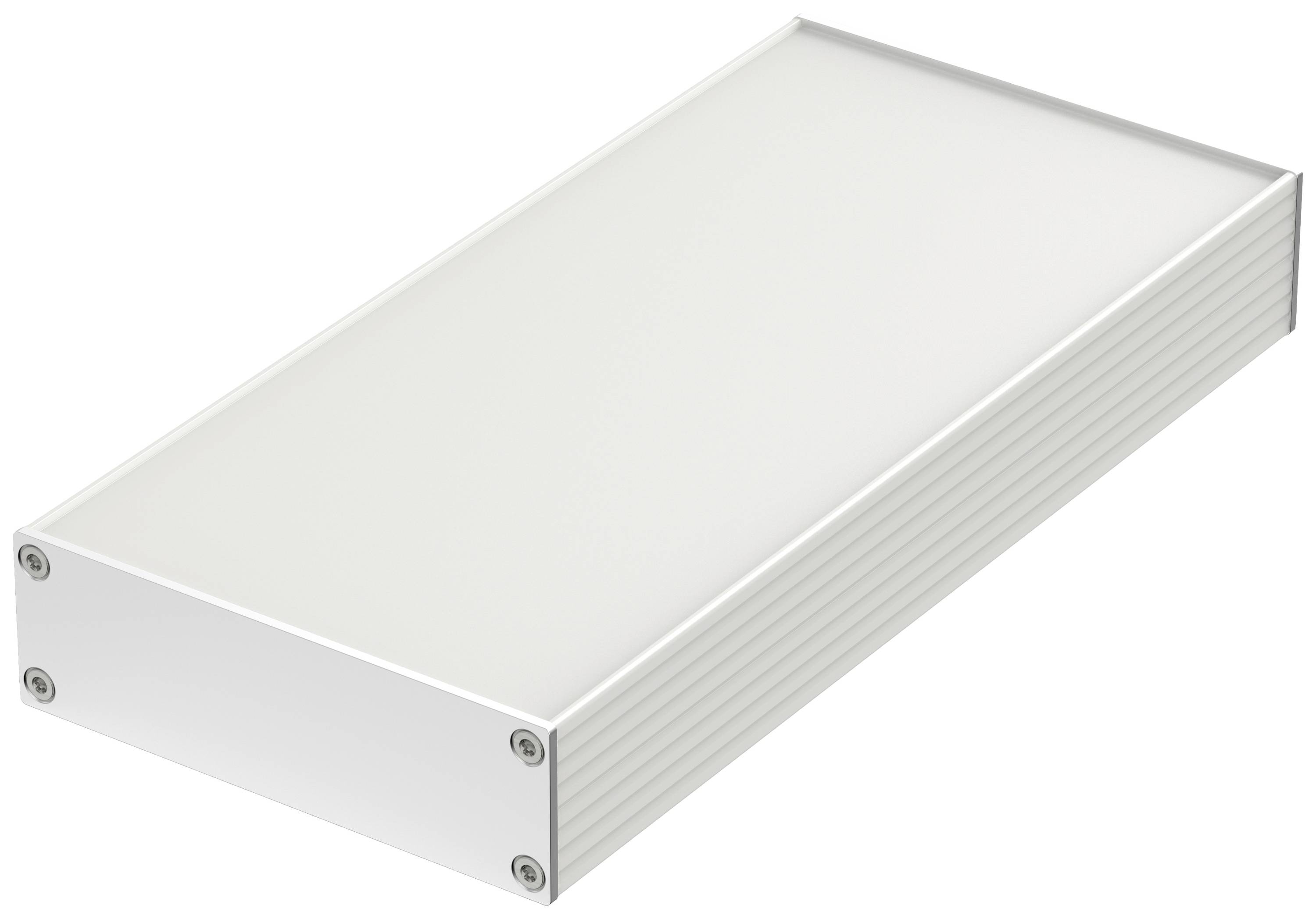Boîte rectangulaire en métal argenté avec un couvercle lisse blanc et des vis aux angles, ressemblant à un appareil technique.