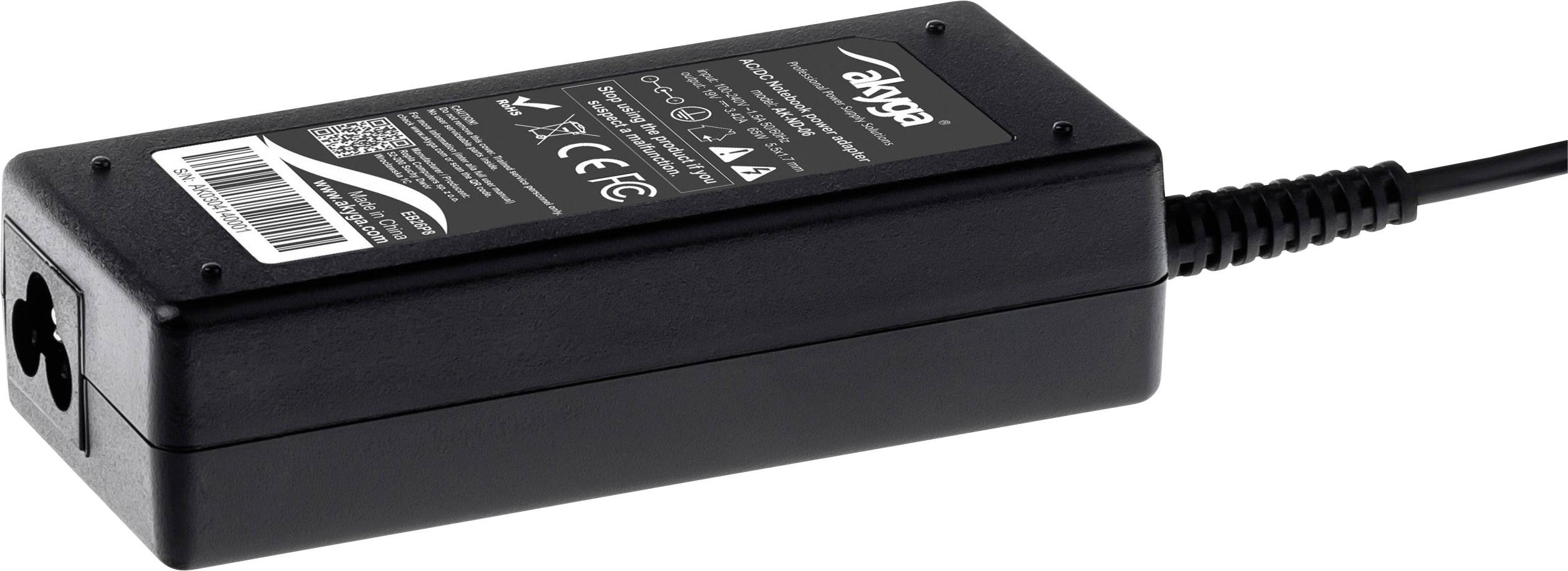 Un adaptateur secteur noir avec câble et fiche. Des logos de marque et des spécifications techniques sont imprimés sur la partie supérieure.