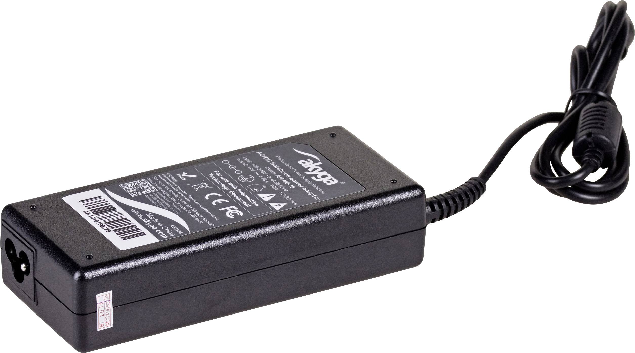 Adaptateur secteur noir pour ordinateur portable avec câble. L'étiquette contient les certifications de sécurité et les spécifications techniques de l'appareil.