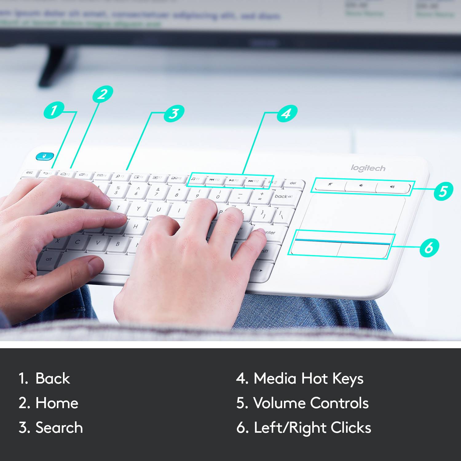 Clavier Logitech Wireless K400 Plus blanc pavé tactile intégré, boutons de souris