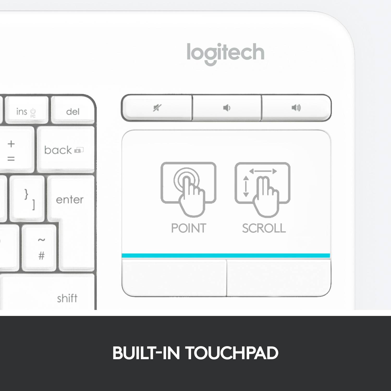 Clavier Logitech Wireless K400 Plus blanc pavé tactile intégré, boutons de souris