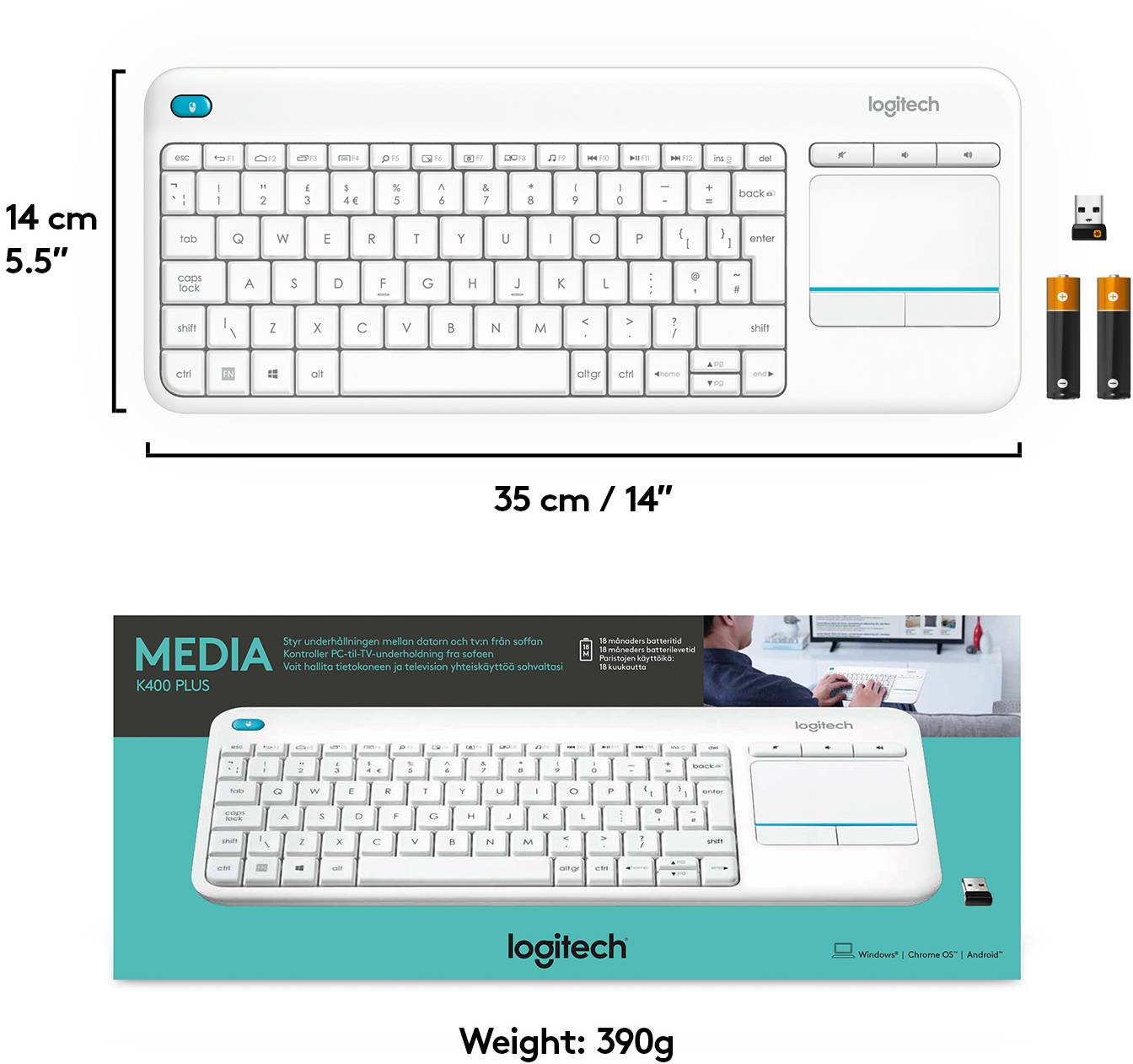 Clavier Logitech Wireless K400 Plus blanc pavé tactile intégré, boutons de souris