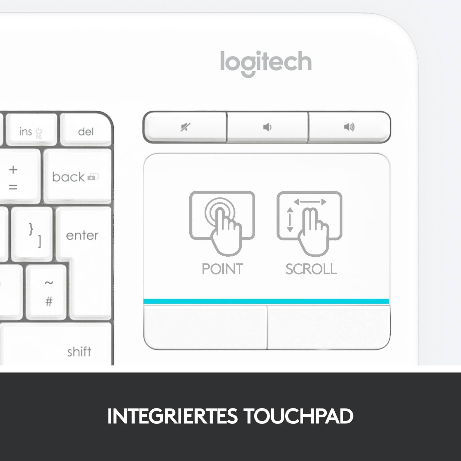 Clavier Logitech Wireless K400 Plus blanc pavé tactile intégré, boutons de souris