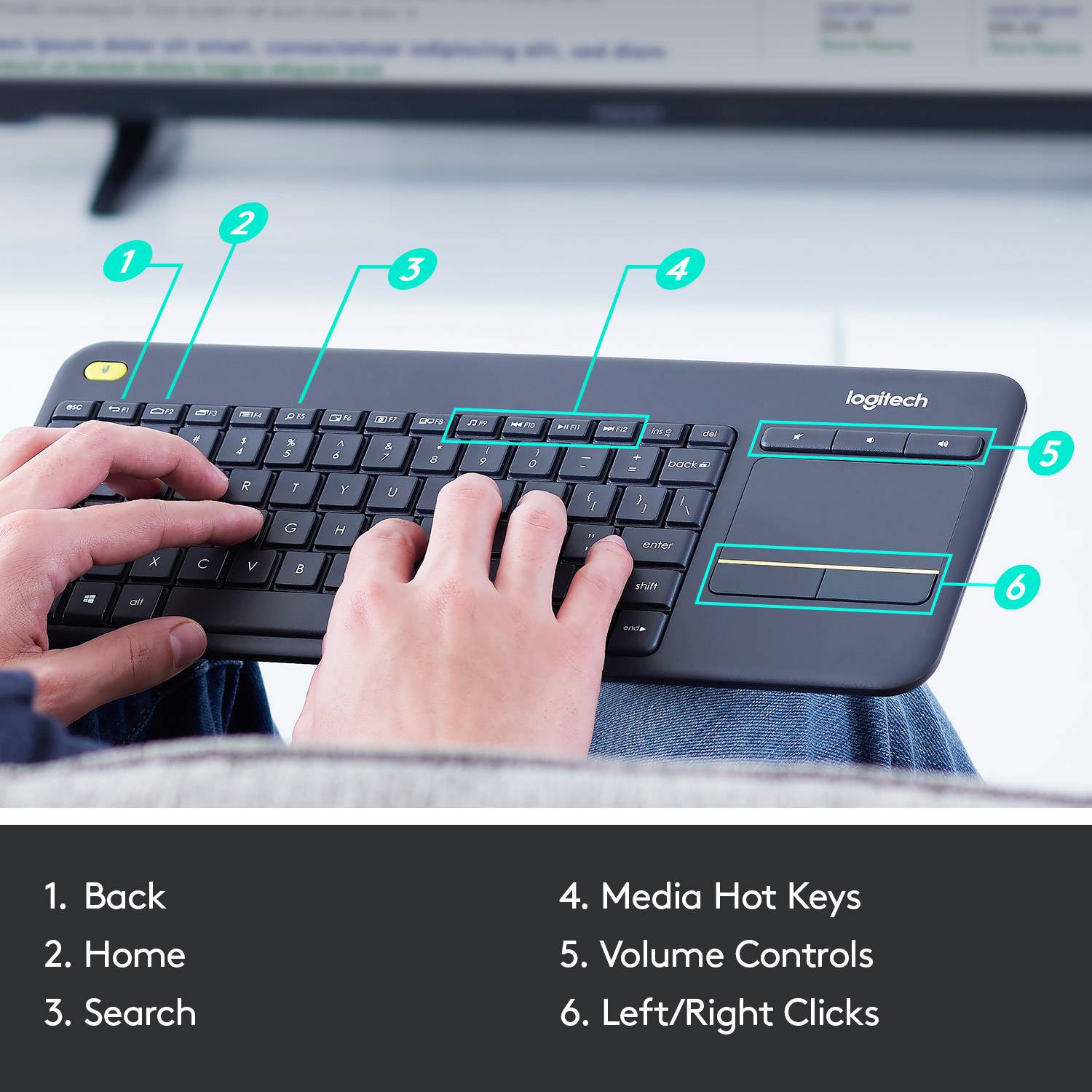 Clavier Logitech Wireless K400 Plus noir pavé tactile intégré, boutons de souris