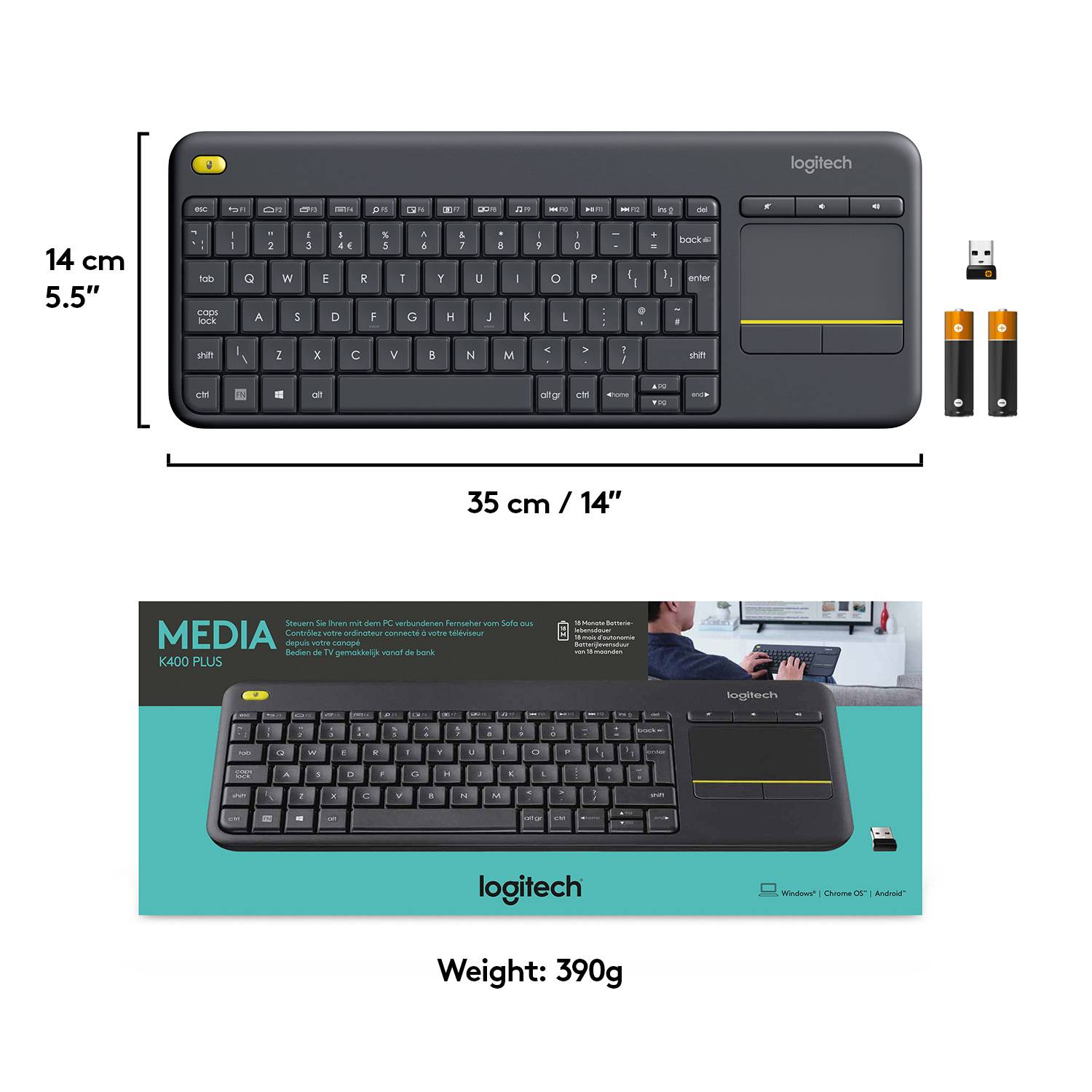 Clavier Logitech Wireless K400 Plus noir pavé tactile intégré, boutons de souris