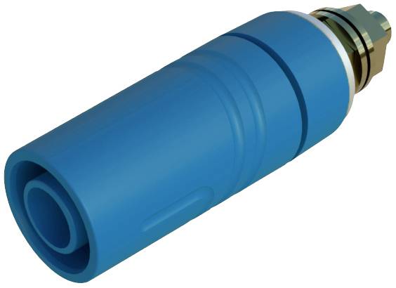 Un adaptateur ou une fiche bleu, cylindrique avec des raccords métalliques, probablement un composant d'un dispositif technique ou d'un outil.