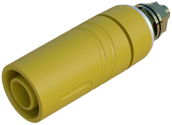 Boîtier de couplage hydraulique jaune, vue latérale, montrant une forme cylindrique et des connexions métalliques, adapté aux applications industrielles.