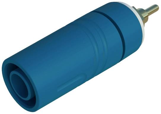 Un adaptateur isolant bleu avec une broche métallique, utilisé pour les connexions électriques, est posé horizontalement sur le côté.