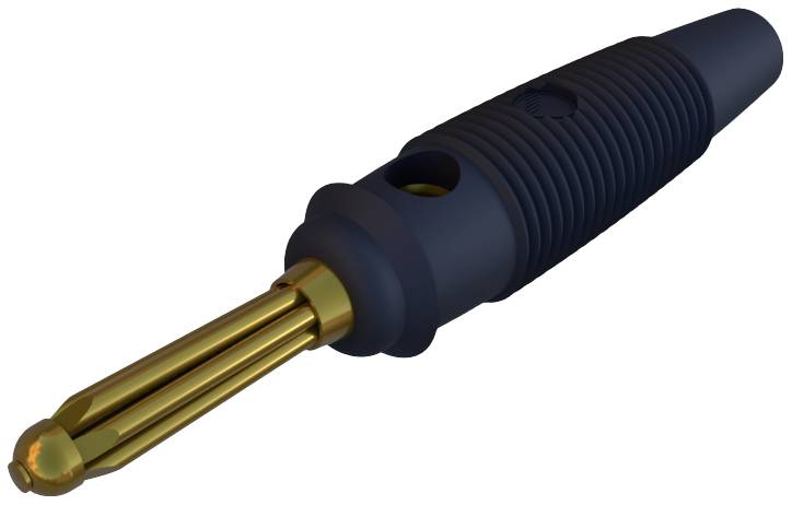 Fiche noire et dorée à poignée striée ; utilisée en électrotechnique pour des connexions sécurisées.