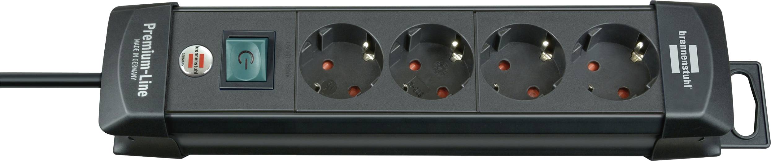 Bloc d'alimentation noir avec quatre prises et interrupteur d'alimentation bleu illuminé, présenté sur un fond blanc.