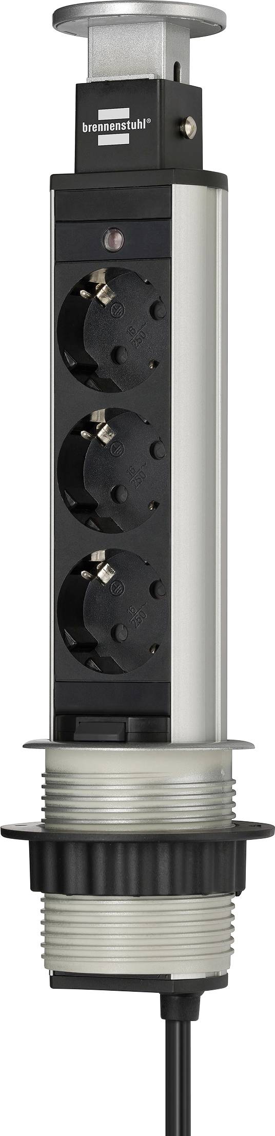 Tour de prise de courant industrielle noire multi-socket avec trois prises européennes circulaires et un câble.
