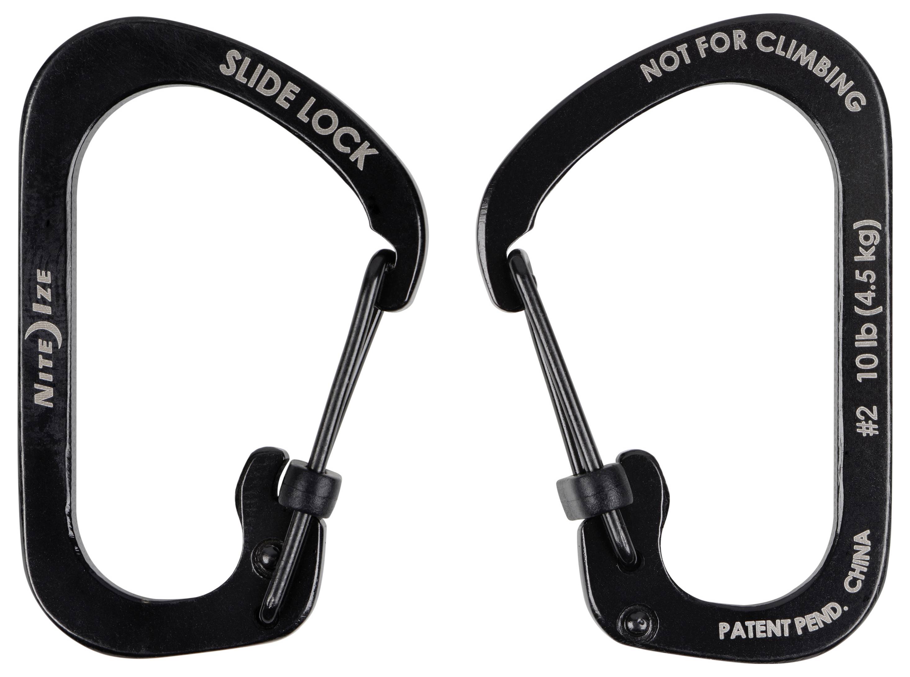 Deux mousquetons noirs avec le texte « SLIDE LOCK », « NOT FOR CLIMBING », et la limite de poids « 10 lb (4,5 kg) ». Utilisés à des fins non liées à l'escalade.