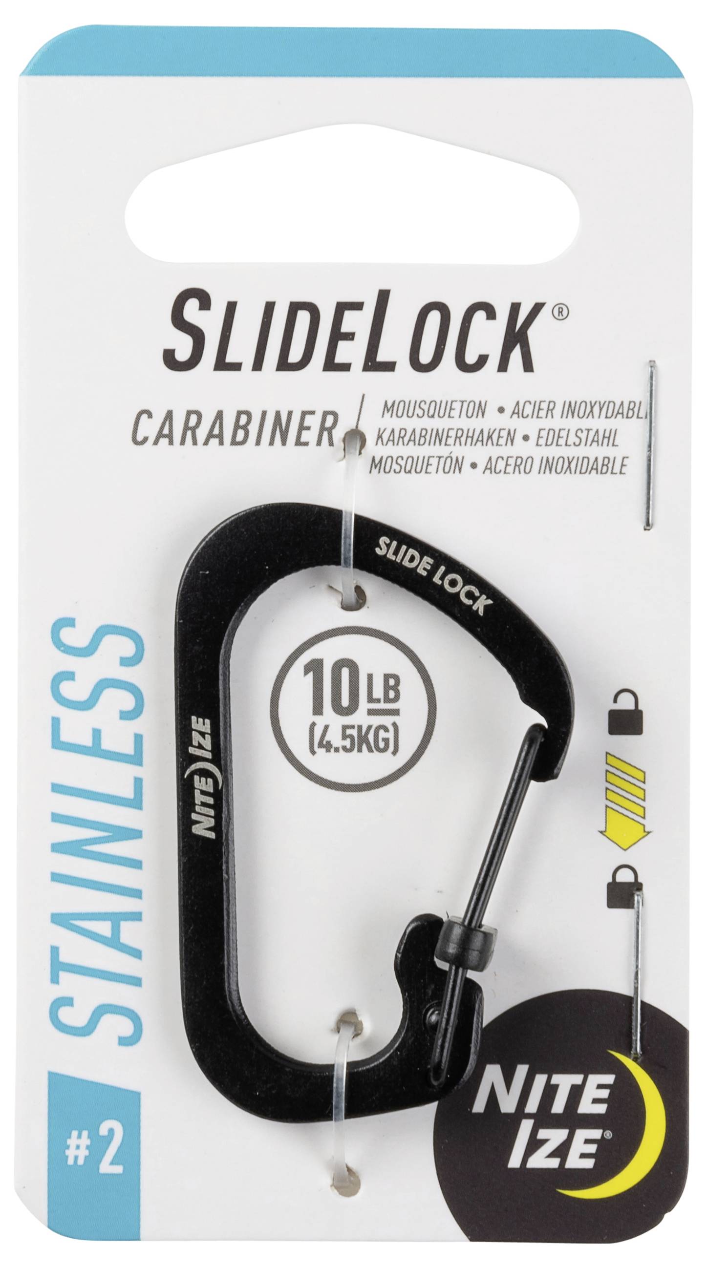 Mousqueton Nite Ize SlideLock n°2 présenté sur un emballage, montrant un mousqueton en acier inoxydable avec un verrou coulissant. Capacité de charge : 10 lb (4,5 kg).