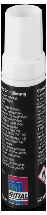 Spray de primaire de correction 'Rittal' en bouteille noire avec capuchon blanc, mentions d'avertissement et instructions de sécurité sur l'étiquette.