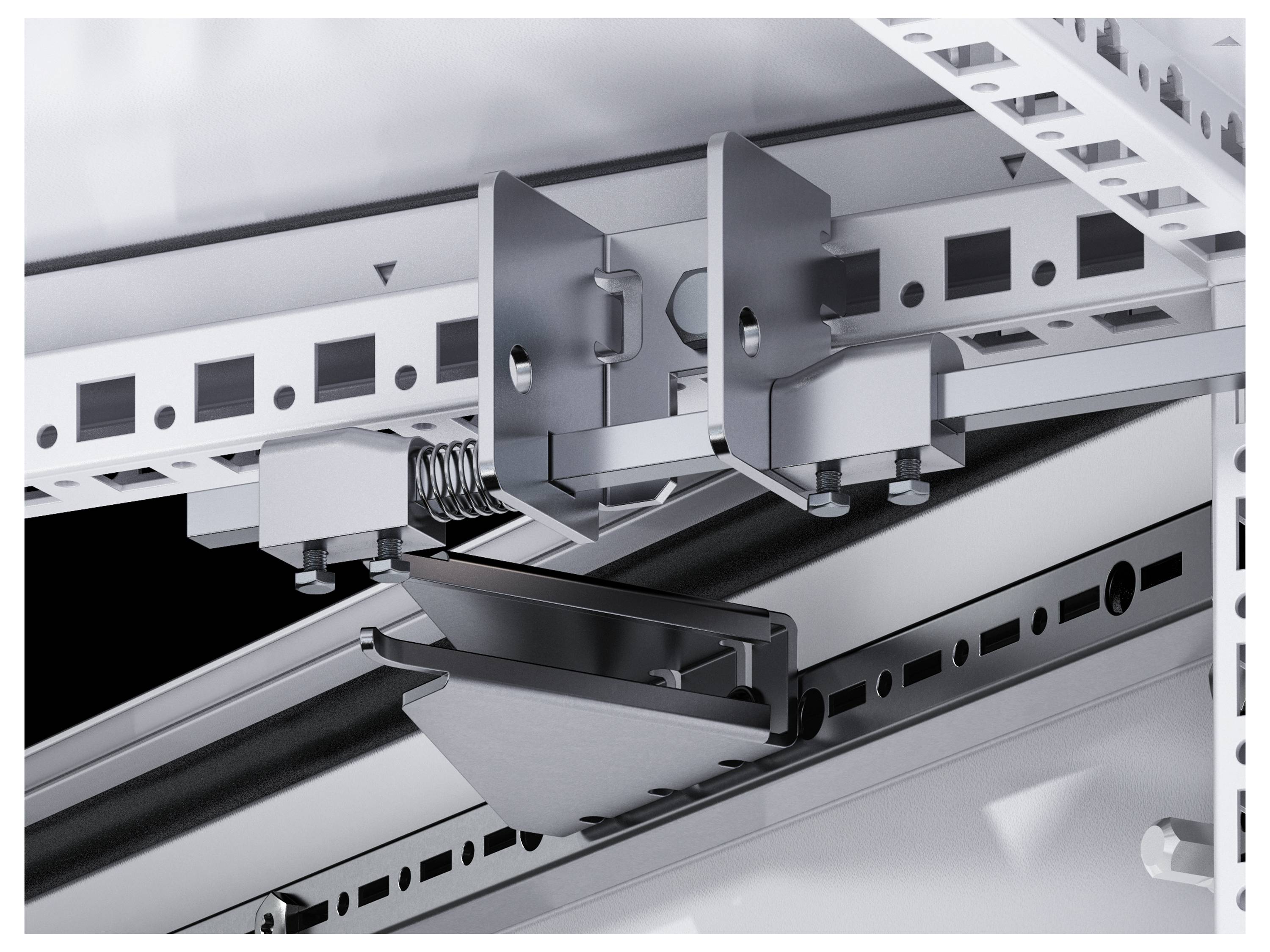 Système de support à ressort métallique pour montage au plafond, présentant les pièces individuelles et la méthode de fixation sur rail structural.