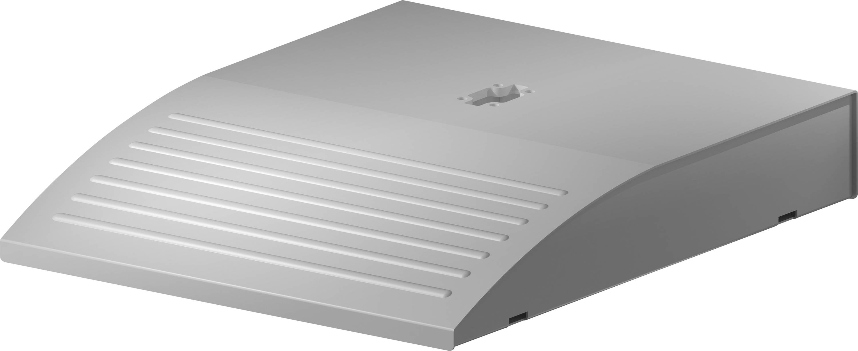 Un boîtier rectangulaire gris avec des ouvertures de ventilation et un point de fixation central sur le dessus.